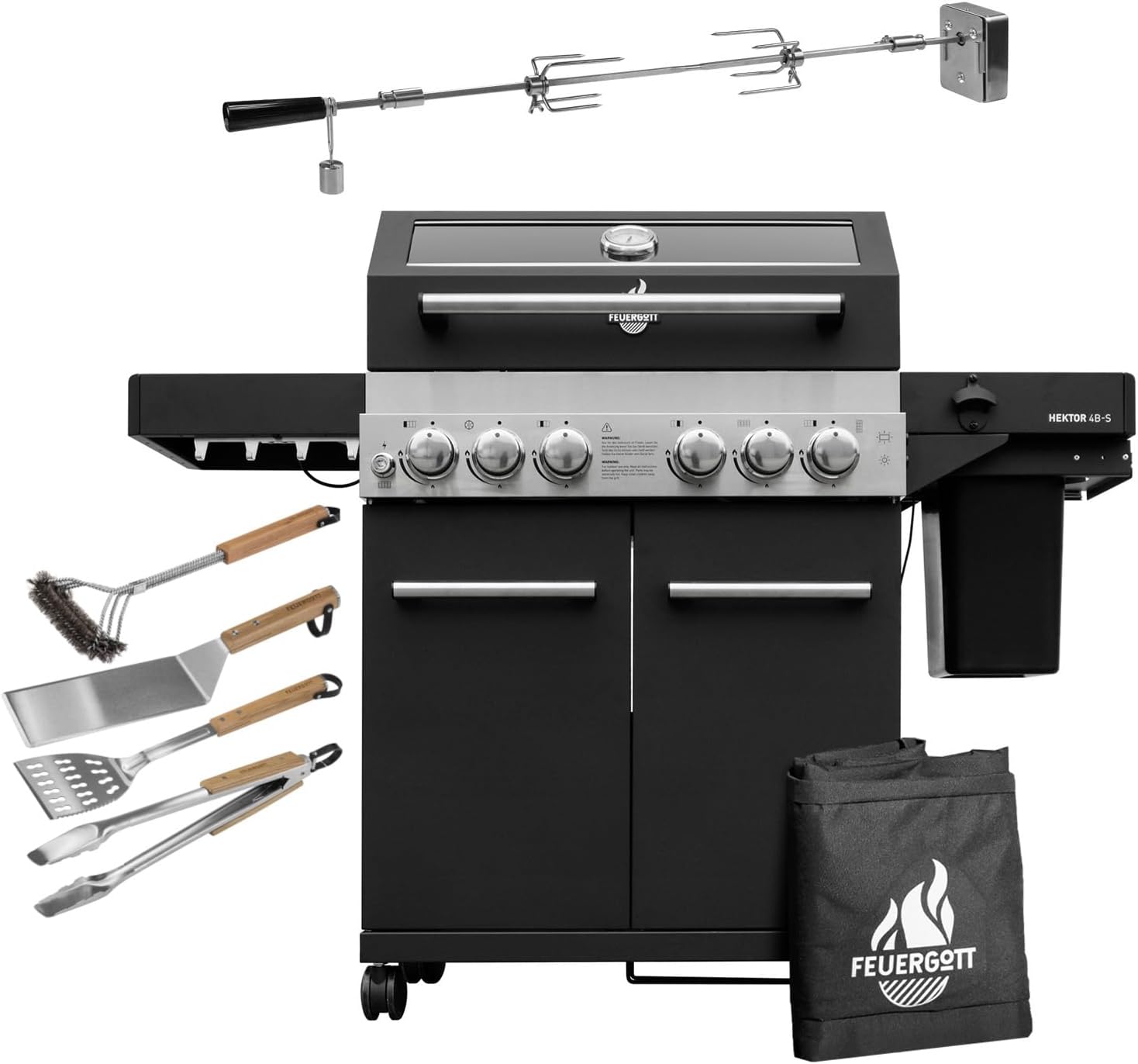 Gasgrill Hektor 4B-S inkl. Drehspieß, Abdeckhaube - All Inclusive mit 4 Grill-Utensilien - 4 Brenner, Sear-Brenner, Gusseisenroste, Heckbrenner, Seitenkocher für Garten und Terrasse