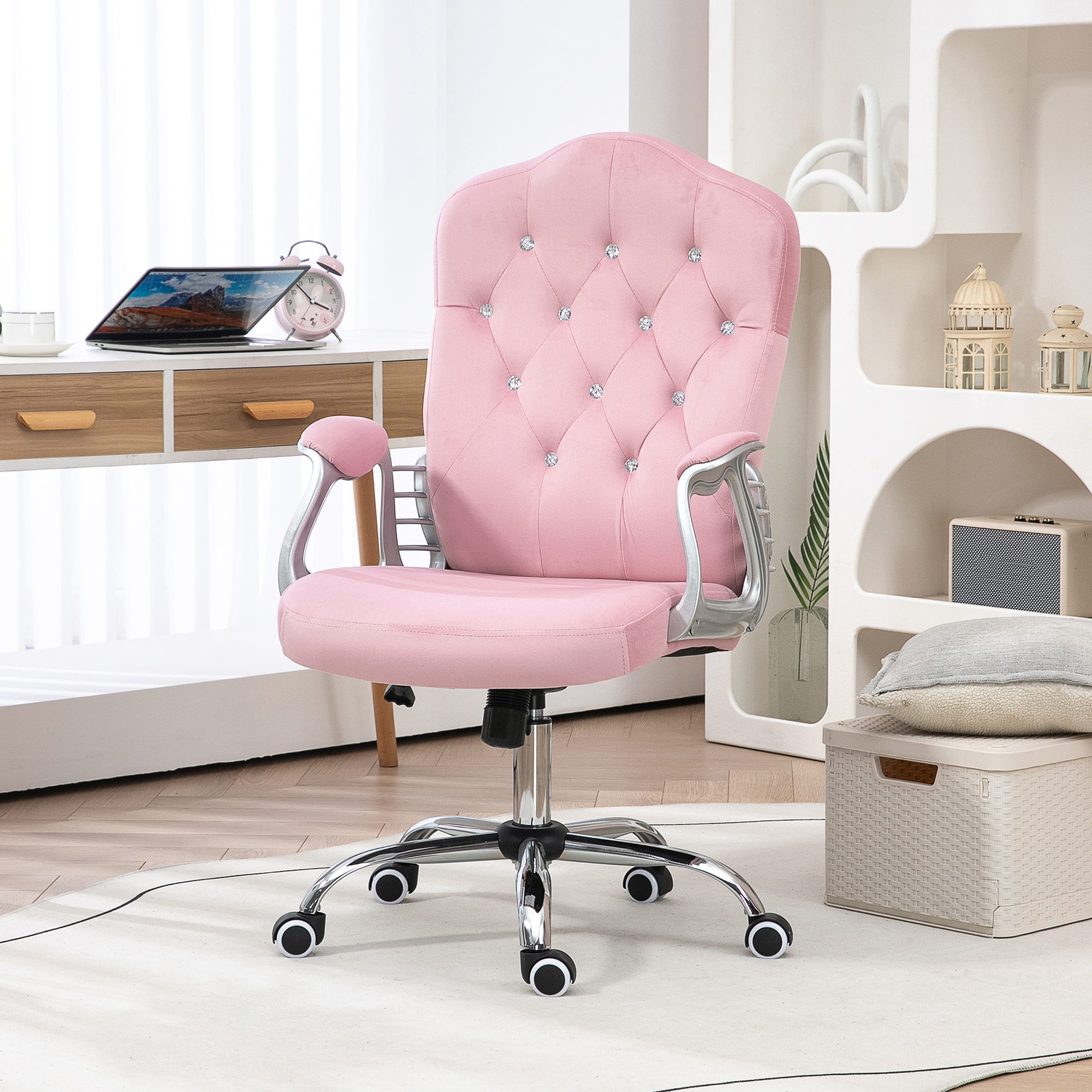 Vinsetto Bürostuhl, neigbare Lehne, höhenverstellbar, Samtoptik, bis 120 kg, Rosa