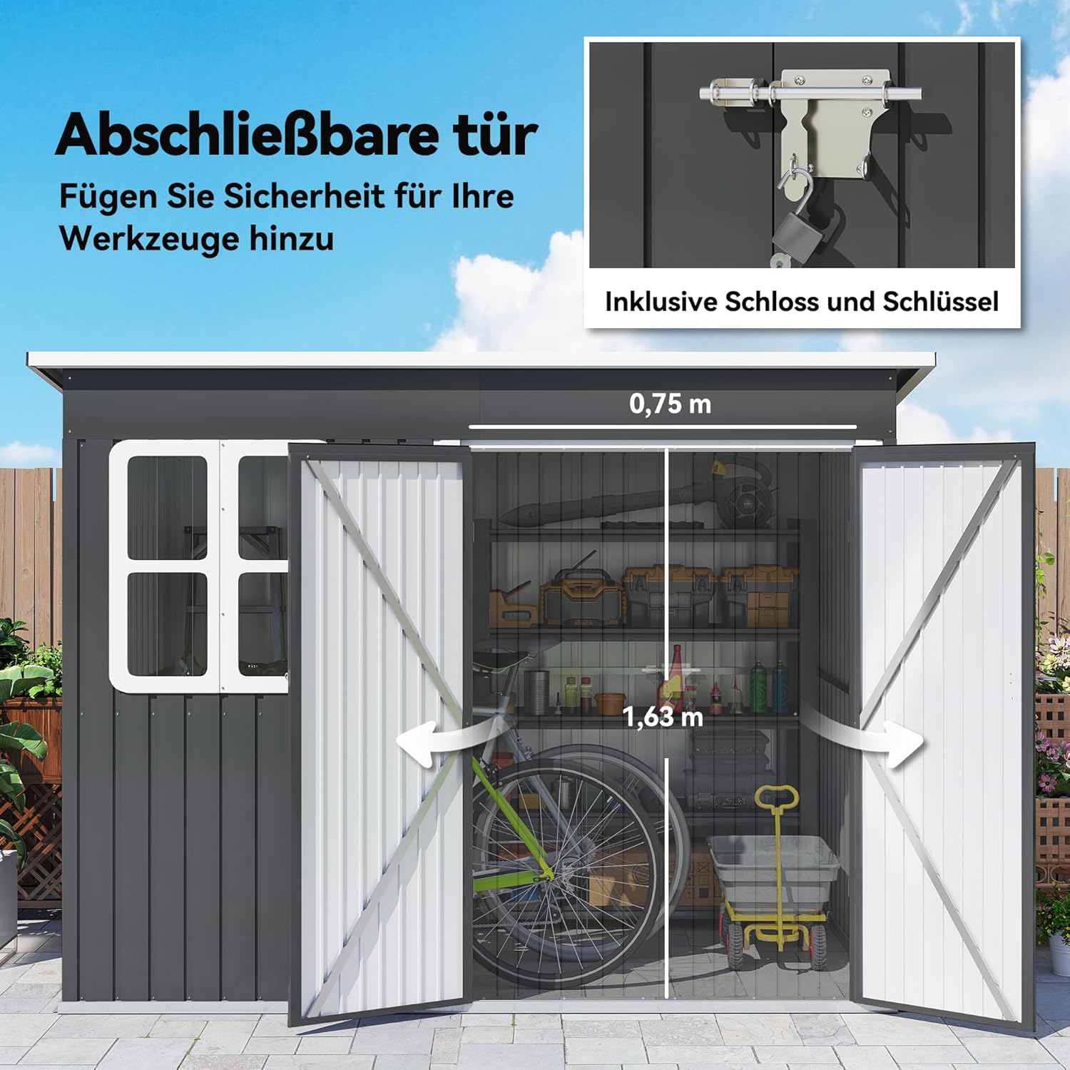 Outsunny Metall Gerätehaus 4,13 m² 260 x 177 x 190 cm Geräteschuppen mit Fenster Pultdach Abschließbarer Tür wetterfest Gartenhaus Outdoor Garten Schuppen Schrank für Hinterhof Außenbereich Dunkelgrau
