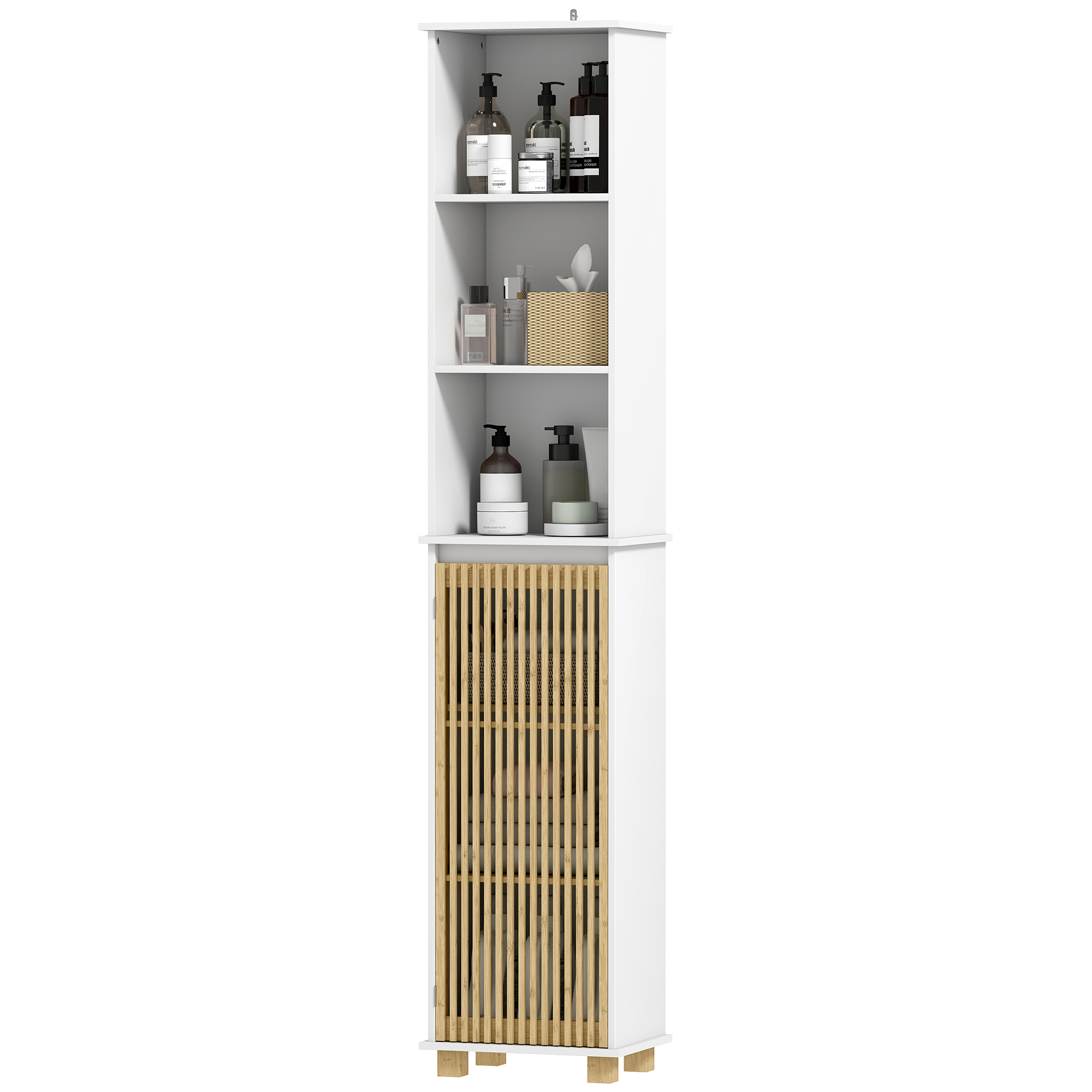 HOMCOM Badezimmerschrank, Badezimmerschrankspeicher mit Bambustür und offenen Fächern, weiß