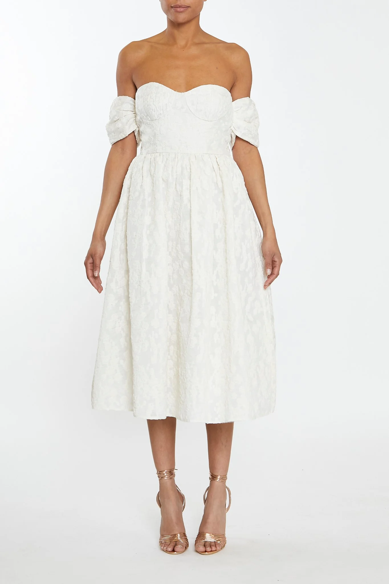 Amelia Cream Jacquard Bardot Midaxi Skater Dress