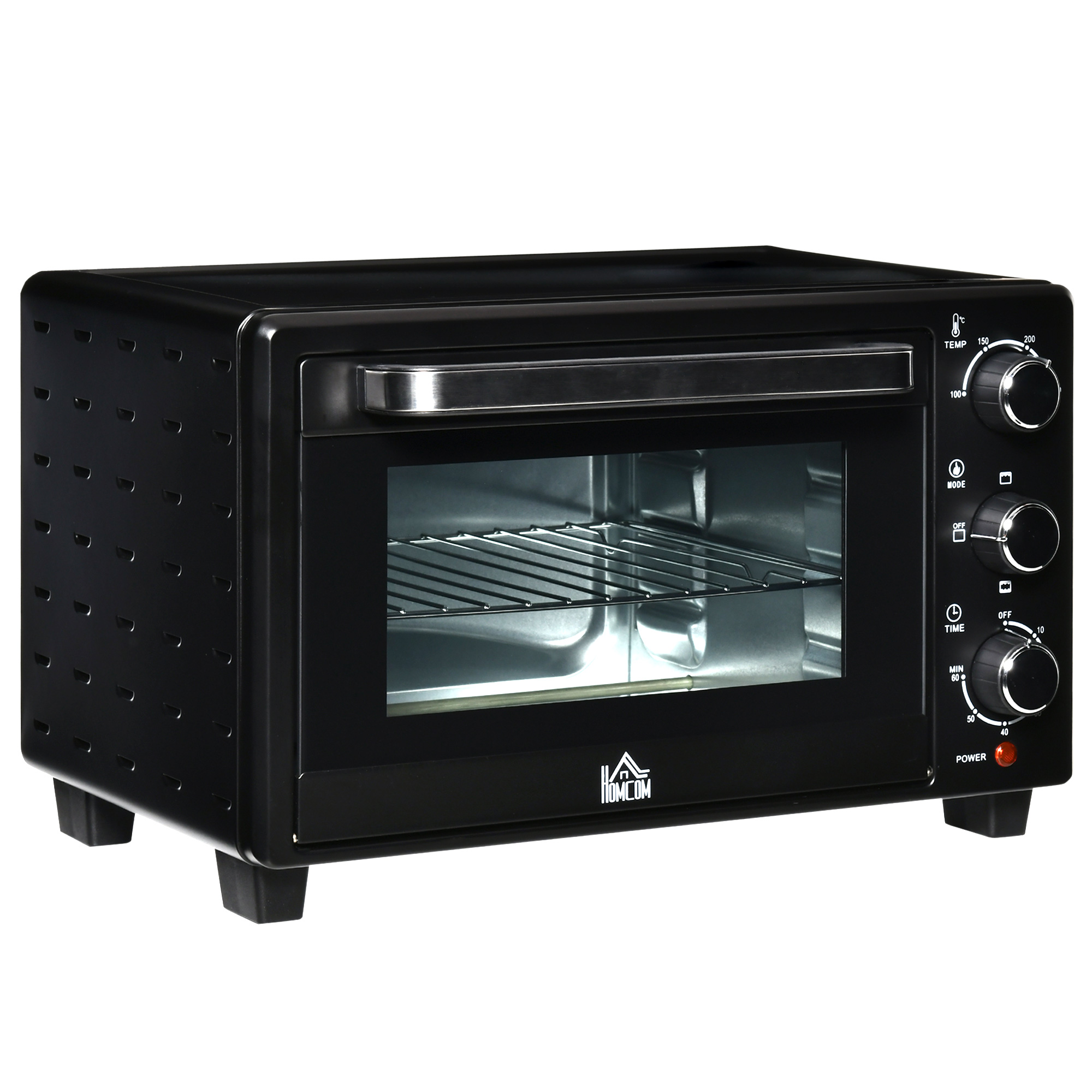 HOMCOM Minibackofen, 21 L Toasterofen mit 1 Drahtgestell und 1 Backblech, 3 Kochmodi, 100 °C-230 °C, Edelstahl, Glas, Schwarz