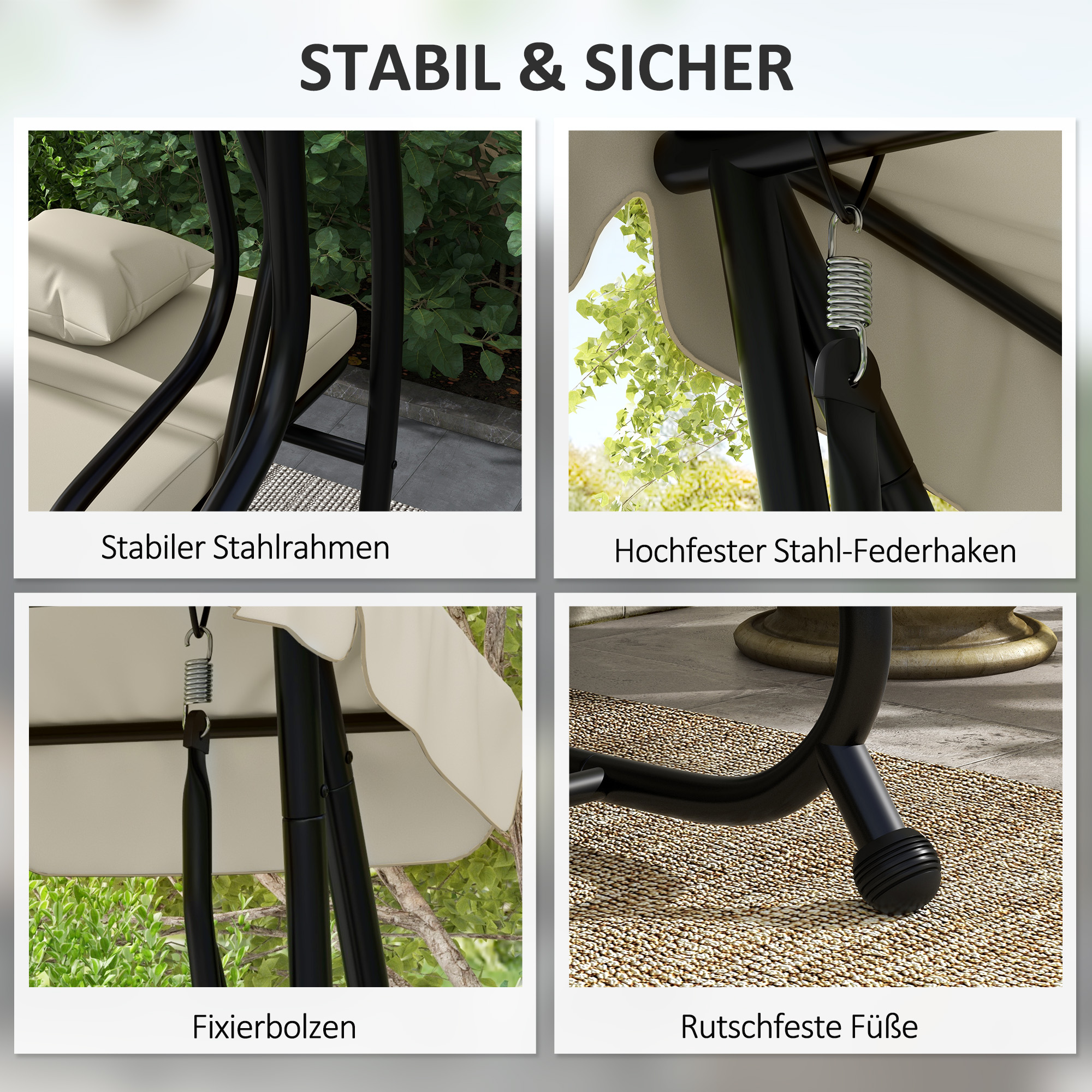 Outsunny 2-in-1 Tuinschommel met Ligfunctie, Verstelbaar Dak, tot 340 kg, Staal, 200x120x164 cm, Cr��mewit