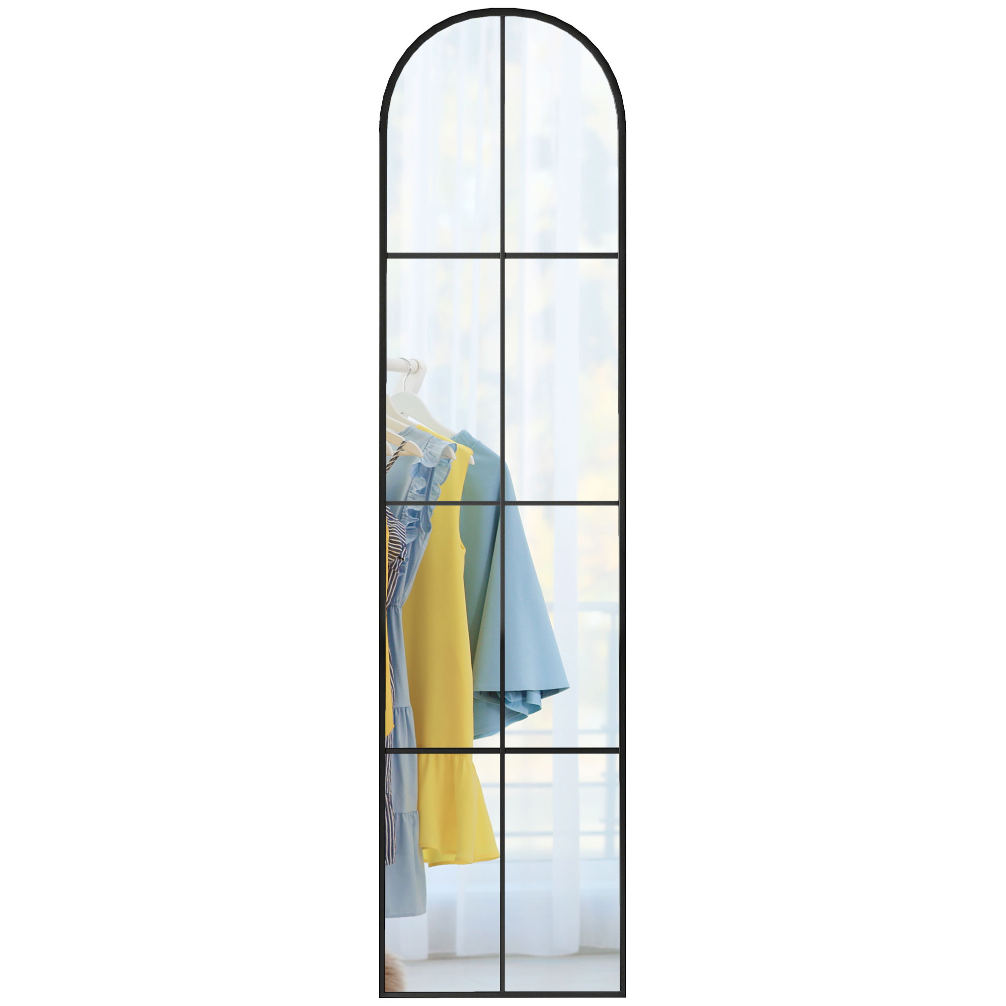 HOMCOM Großer Wand- oder stehender Bogenfenster-Spiegel 40 x 160 cm mit Metallrahmen, Splitterschutzfilm, Schwarz
