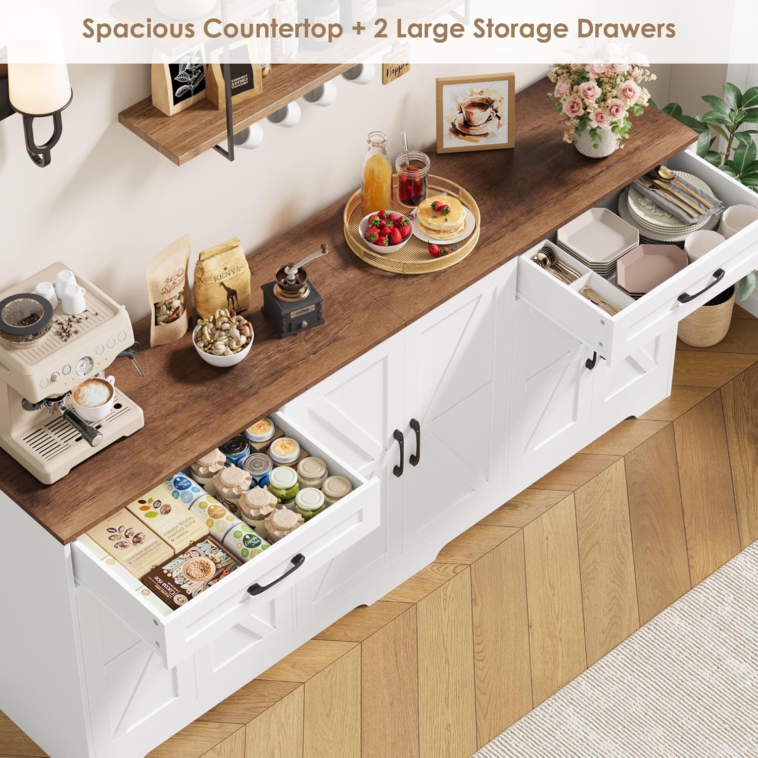 HOCSOK Sideboard, 180cm Breit Küchenschrank mit Arbeitsplatte, Sideboard Küche mit 6 Türen und 2 Schubladen, Anrichte Küchenbuffet Buffetschrank mit Verstellbare Regal für Wohnzimmer, 180×87×34 cm