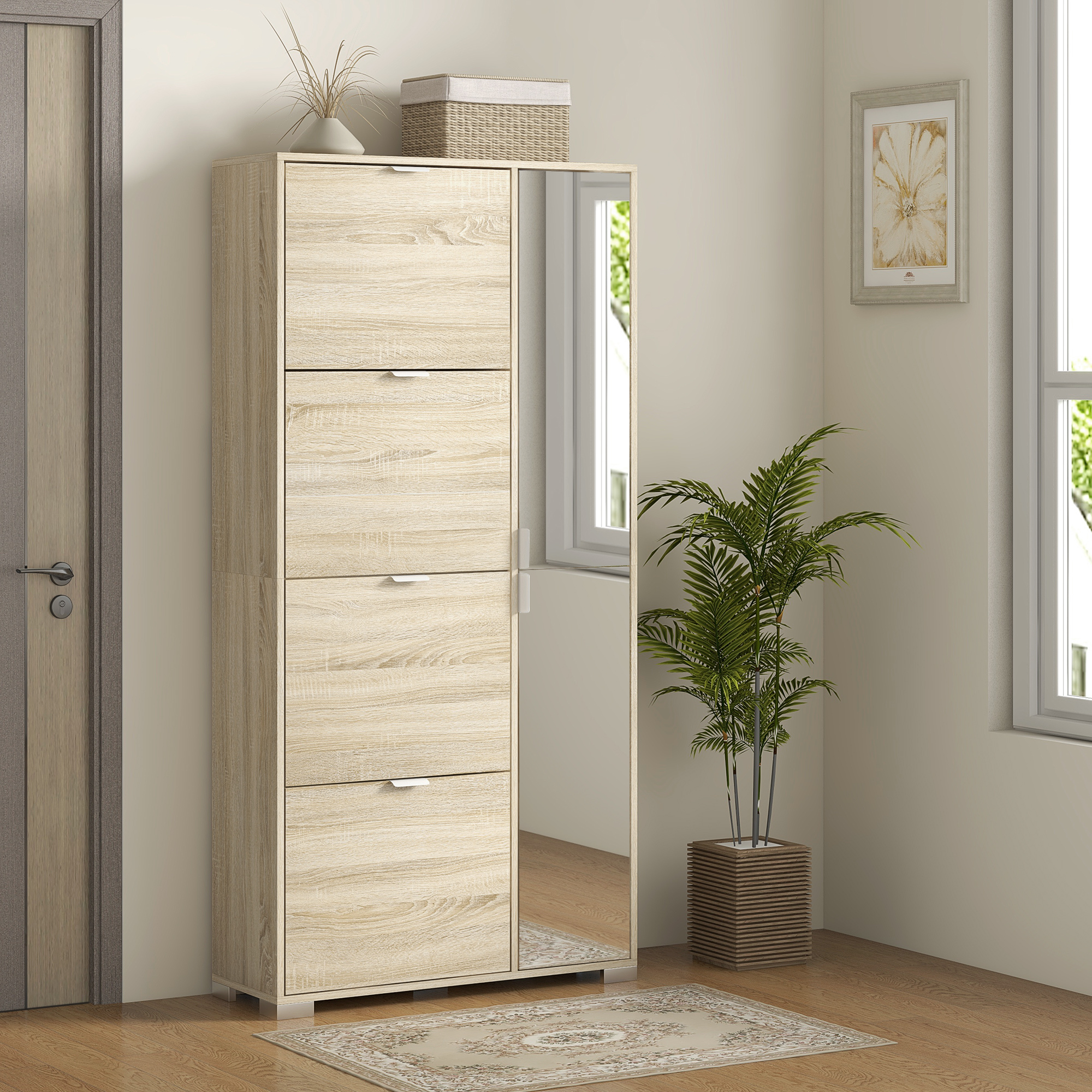 HOMCOM Schuhschrank mit 4 Klappen, 2 Schränken und Spiegelfronten für 16 Paar Schuhe, Eingangsmöbel