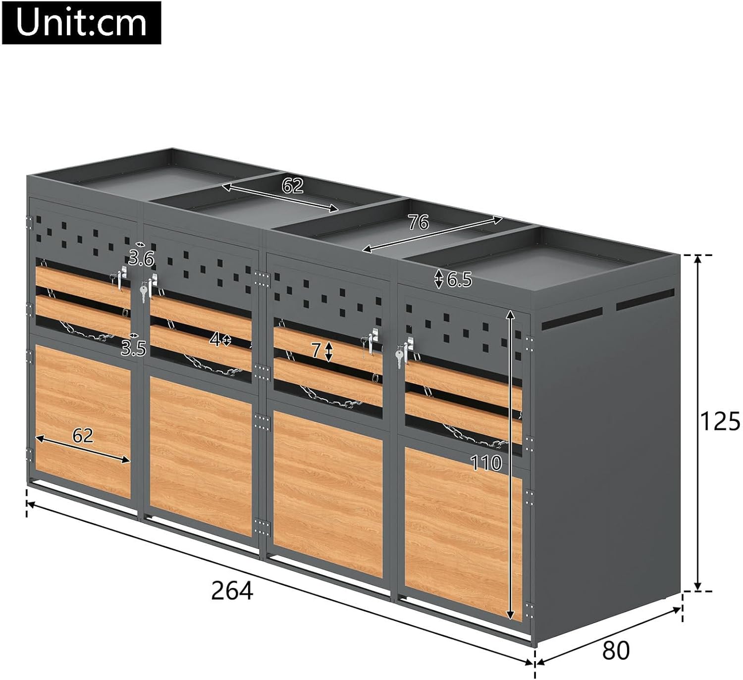 Mülltonnenbox 4er, Mülltonnenverkleidung mit Pflanzdach für Mülleimer 120-240 Liter, Abschließbar Türen, Rostfrei Verzinkter Stahl Garten Müllbox Aufbewahrungsbox, Anthrazit, 264 x 80 x 125cm