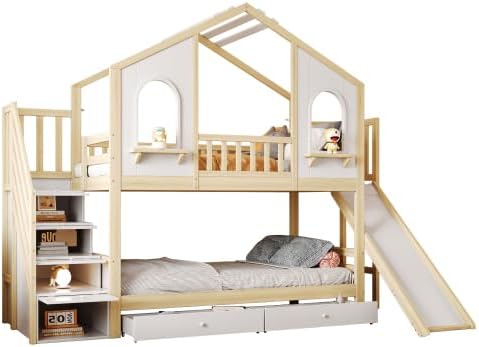 Kinderbett Etagenbett 90x200, Hochbett Hausbett mit Rutsche&Aufbewahrungsleiter&2 Schubladen&Fenstern&Dach, Stockbett Doppelbett Holzbett mit Lattenrost&Rausfallschutz, Kiefer,Ohne Matratze,Holzfarbe