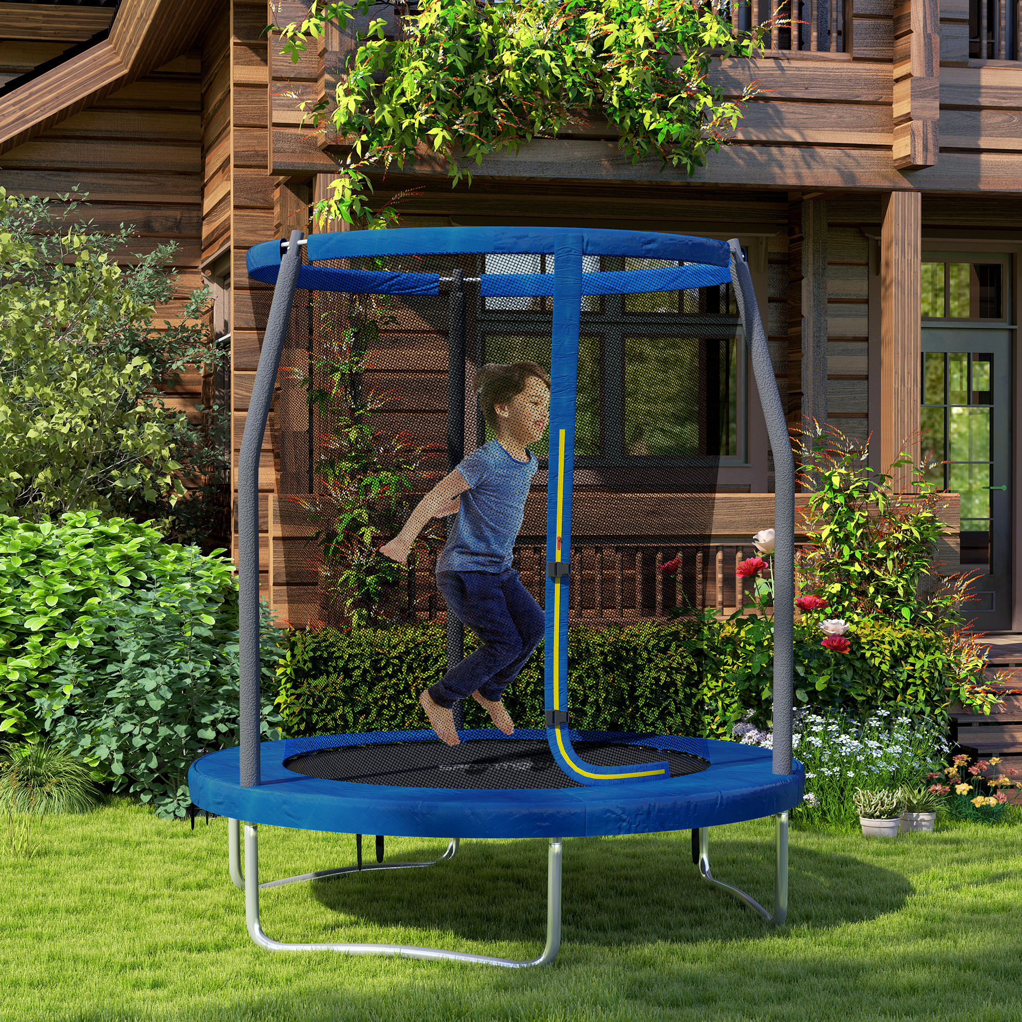 SPORTNOW Kindertrampolin, Gartentrampolin mit Sicherheitsnetz, Stahlkonstruktion Ø 183 x 200 cm, blau