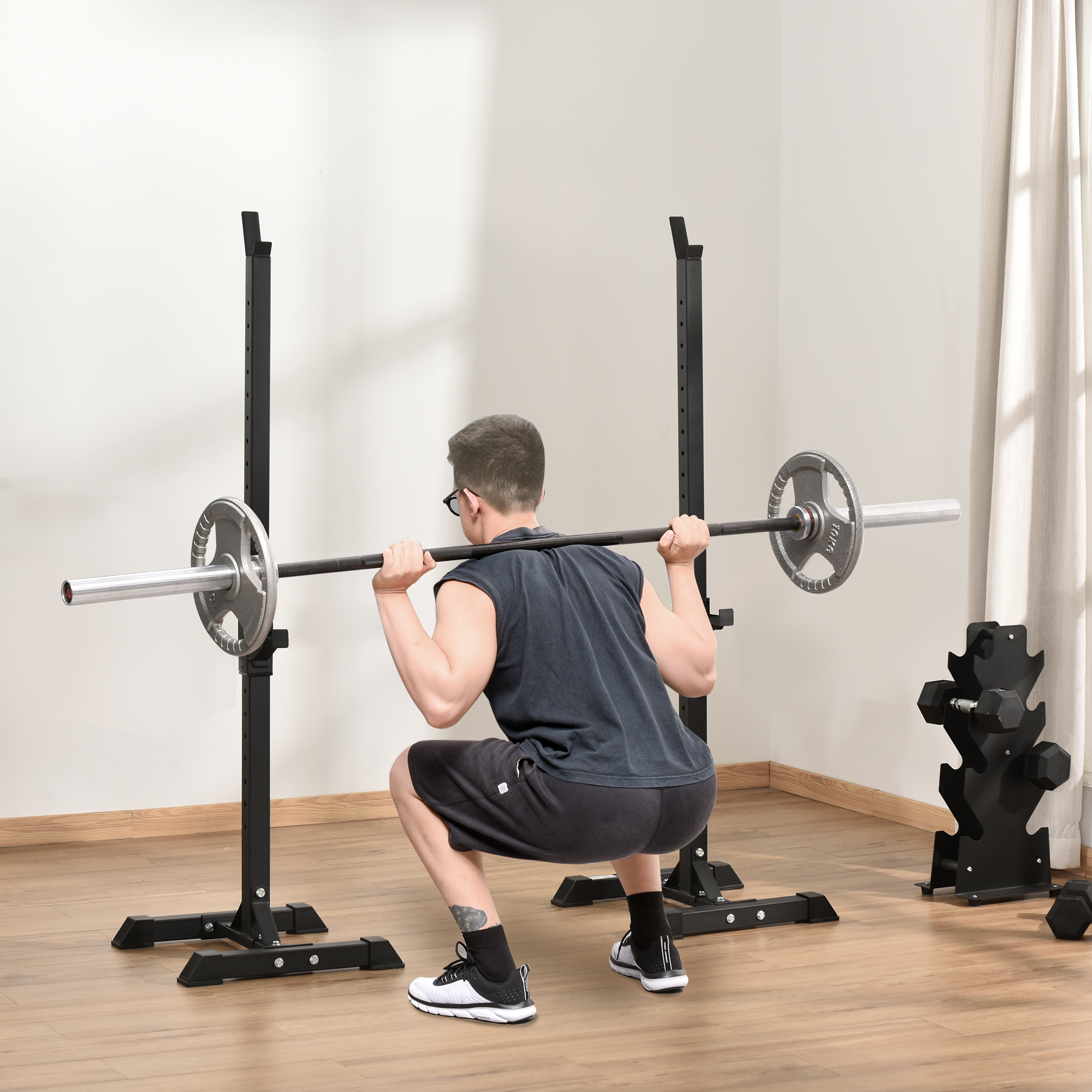 HOMCOM Hantelständer, 2er-Set, bis 150 kg belastbar, höhenverstellbar, Stahl, weiß+schwarz, 52 x 48 x 160 cm