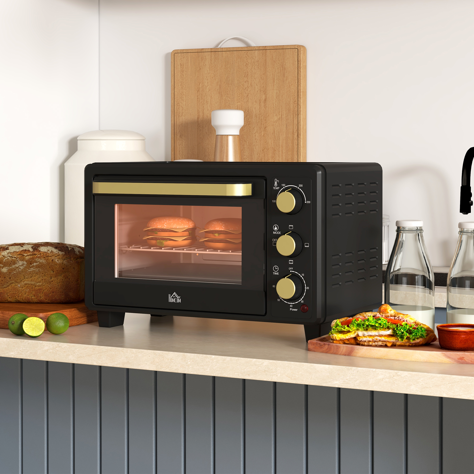 HOMCOM Mini-Ofen, Toasterofen, Timer, Gitterrost, Backblech, Glasfenster, Metall, Schwarz
