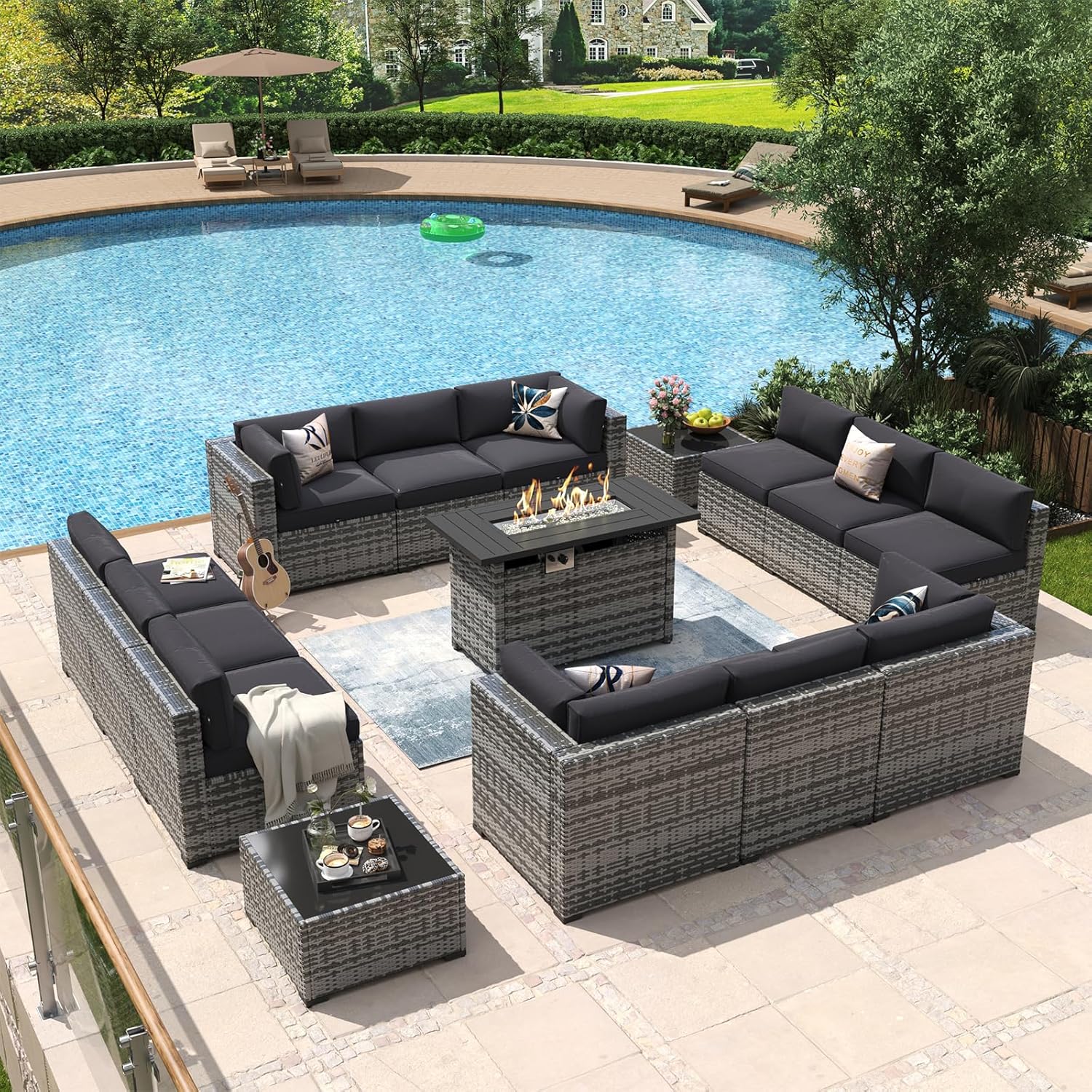 Aoxun 8 Piece Patio Furniture Set with 44�?Fire Pit Table Wicker Rattan Outdoor Sectional Sofa Set with Coffee Table and Thickened Cushions, Beige (Waterproof Cover Included)