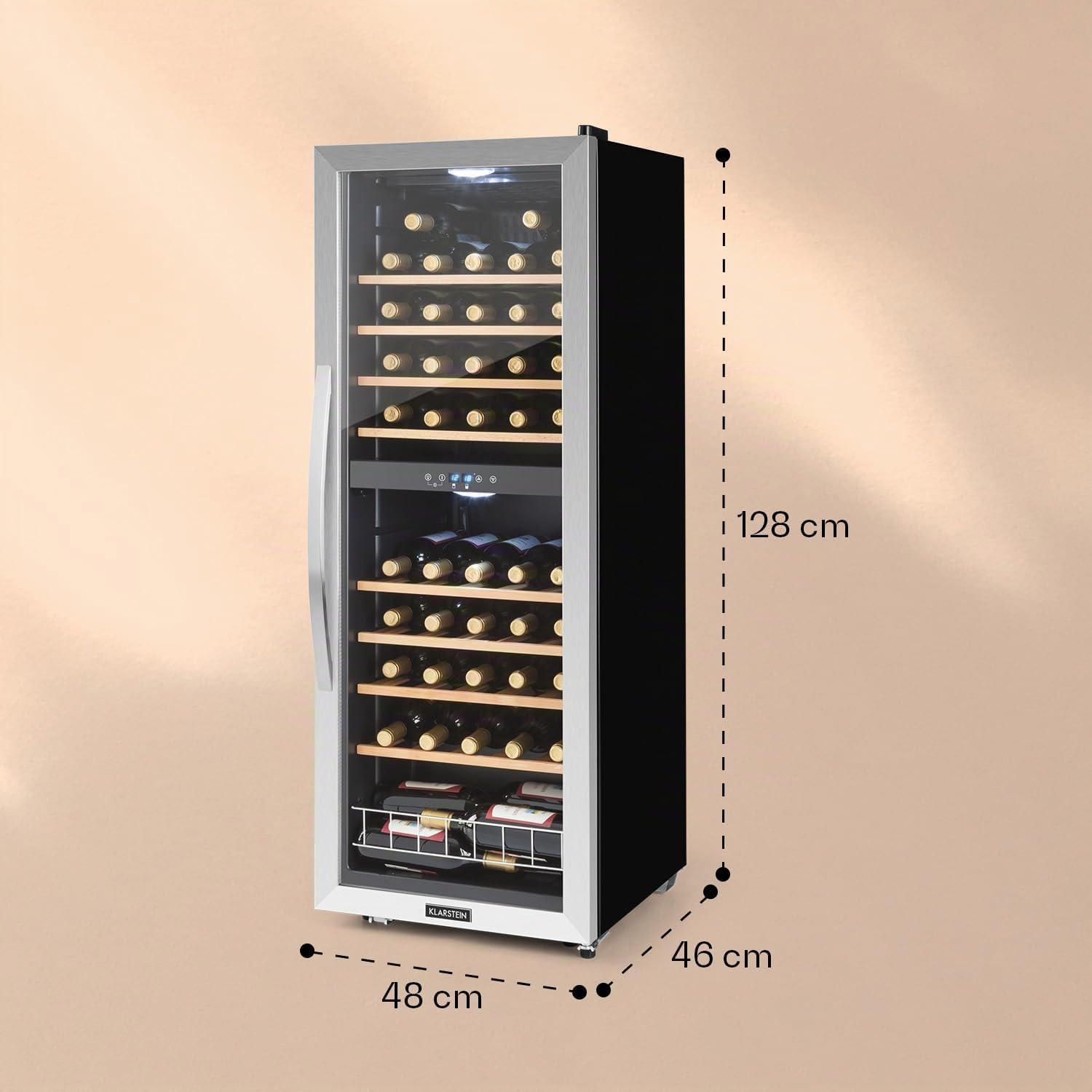 Klarstein Cantinetta Vino, Cantinetta Vino Refrigerata a Zona Doppia per Interno/Esterni, Frigo Bar Cantina Vino con Vetrina, Mini Bar con Protezione UV, Frigo Vino Touch, 5-18°C, 54 Bottiglie