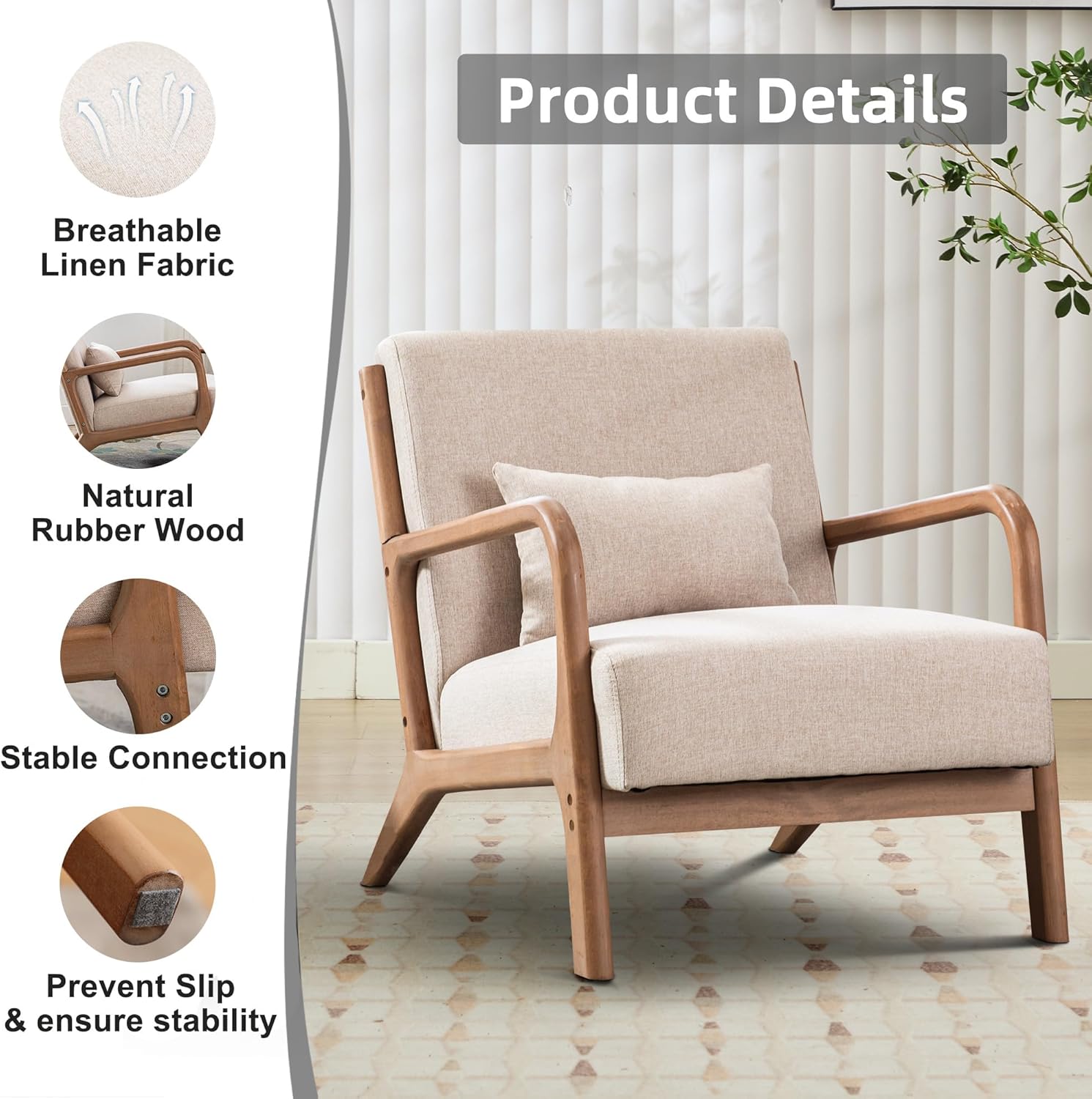 EBELLO Accent Sessel mit Kissen, Mid-Century Moderner Polstersessel für Wohnzimmer, Ohrensessel mit Holzrahmen & Armlehnen, Lesesessel bis 150kg belastbar, Beige