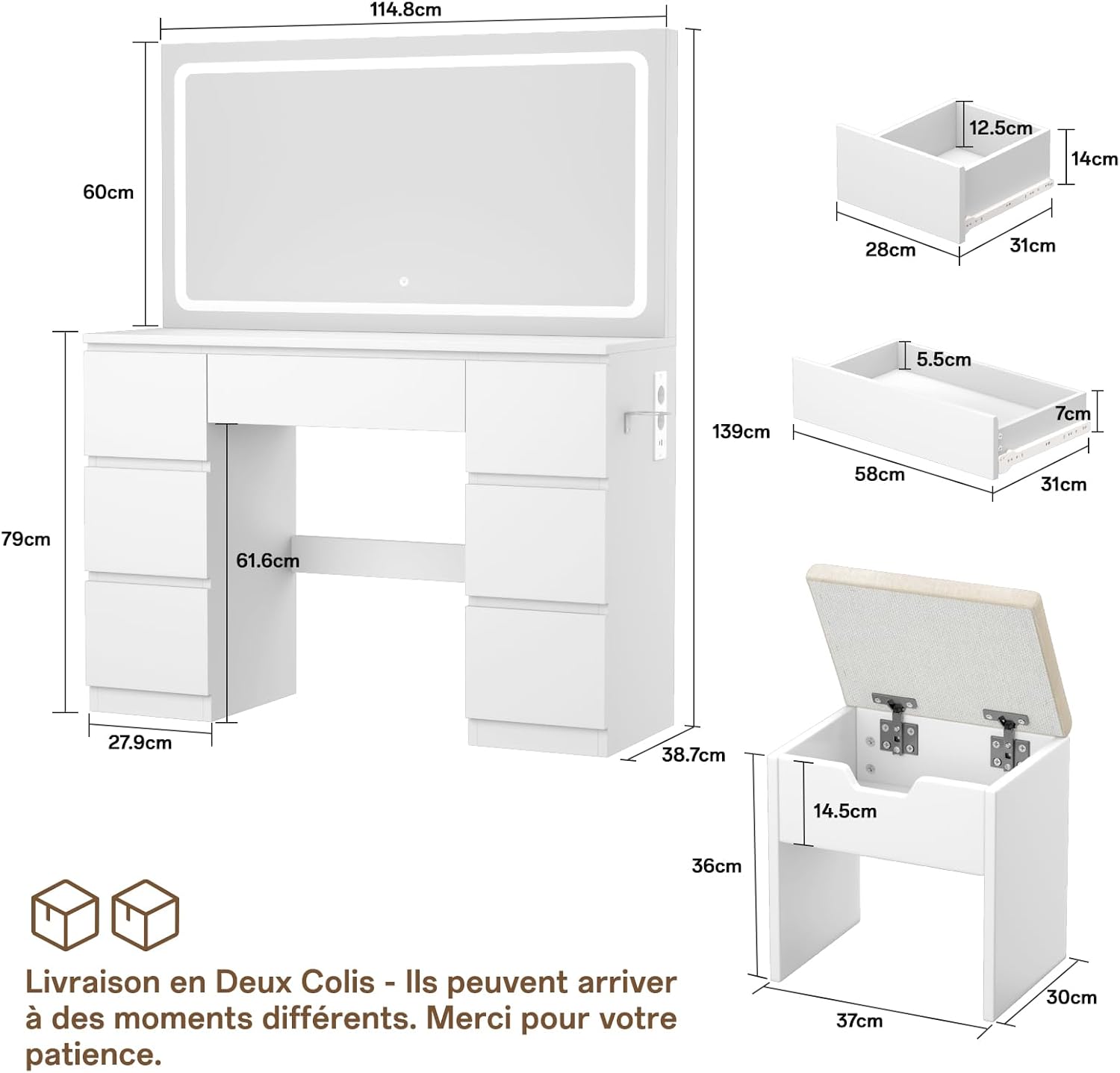 Schminktisch Groß mit Spiegel und LED Beleuchtung 115cm,Farbtemperatur Einstellbar, 7 Schubladen Schminktisch mit Steckdose Dressing Table mit Hocker,115x40x139cm,Weiß