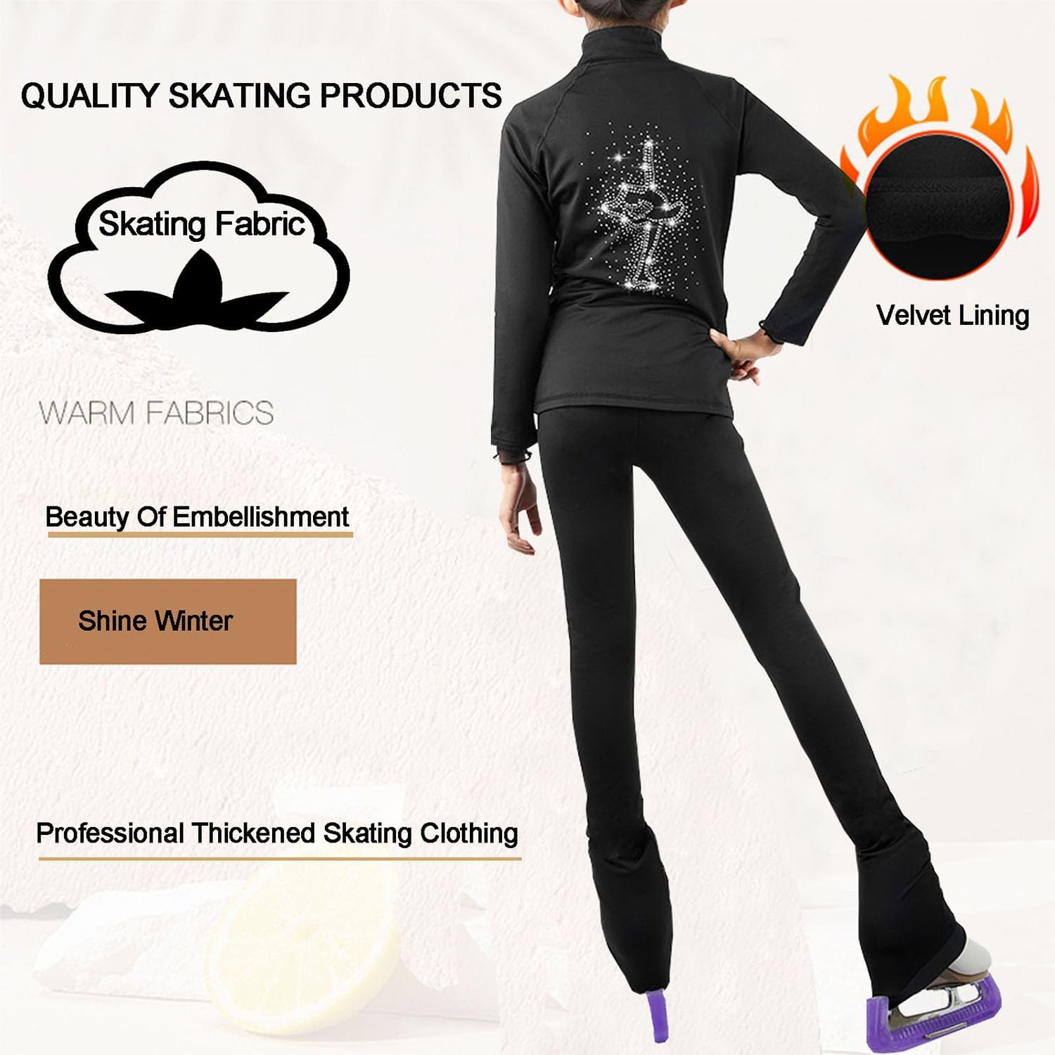 Eislauf-Outfit für Mädchen, Eiskunstlaufjacke, Eiskunstlaufhose, warme Eiskunstlaufhose für Mädchen, Strass-Leggings,Schwarz,L