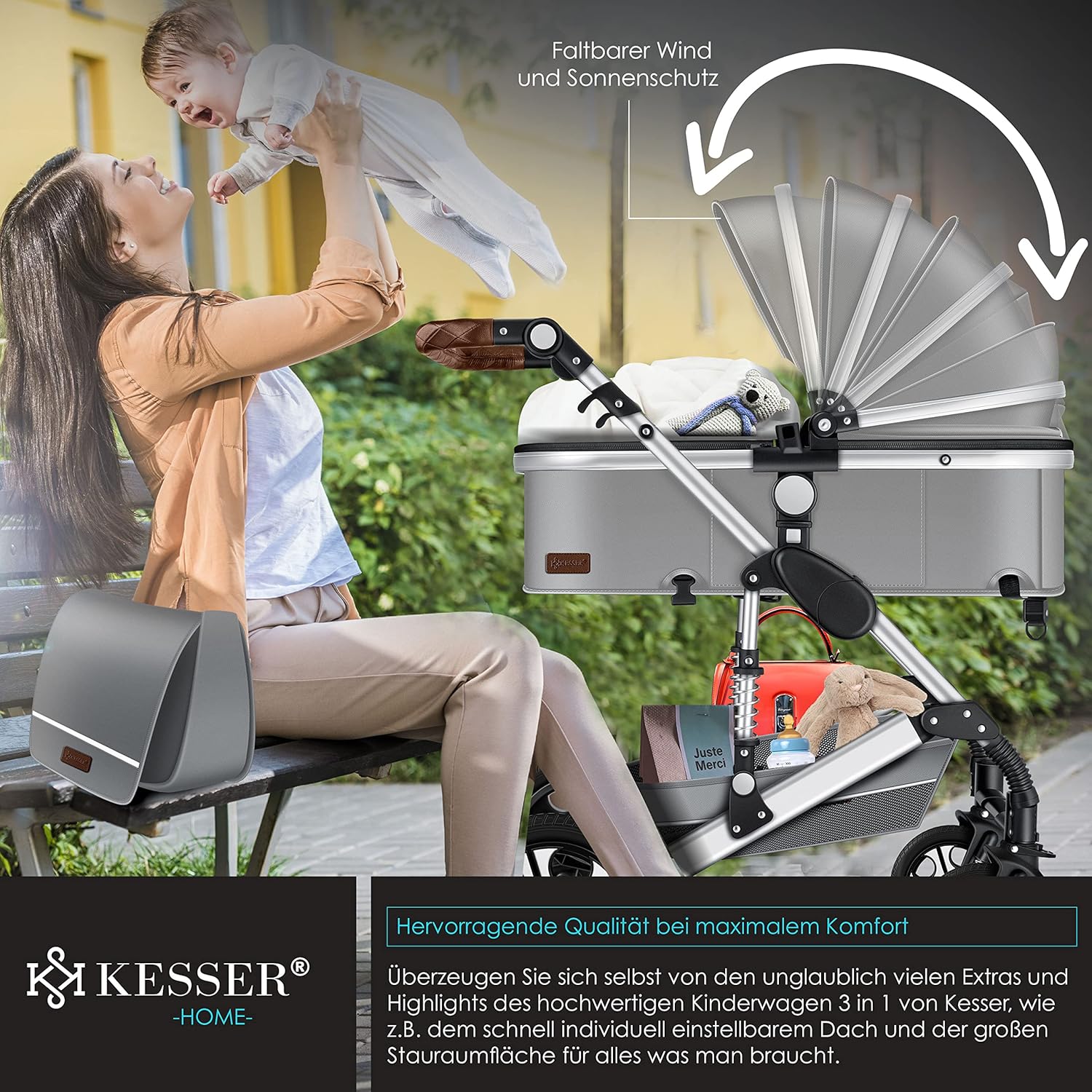 KESSER® Loops 3 in 1 Kinderwagen Kombikinderwagen Komplett-Set inkl. Babywanne & Buggy Sportsitz & Auto-Babyschale Voll-Gummireifen Wickeltasche Regenschutz Kindertisch ECE R129, Schwarz/Schwarz