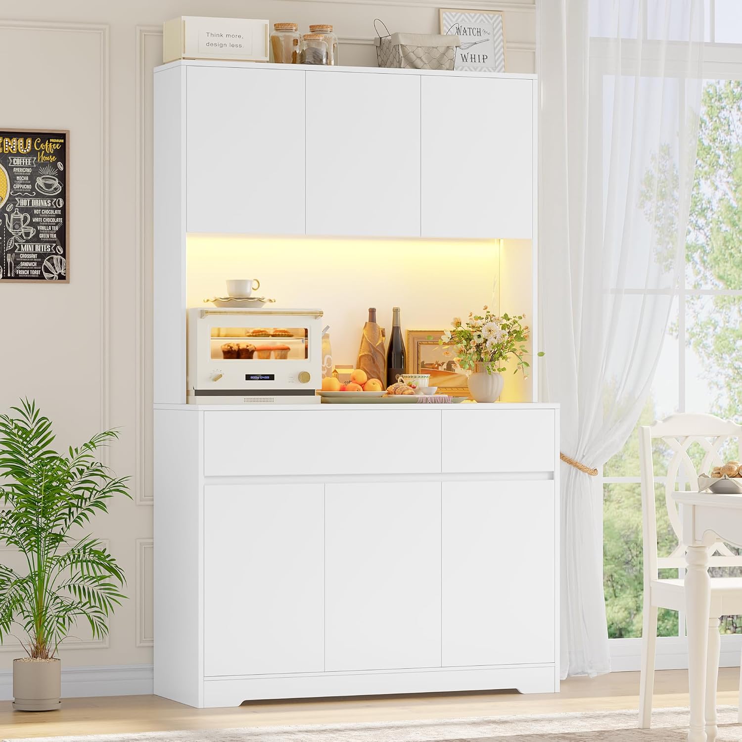 FirFurd Mobile Cucina, Credenza Cucina Alta con Presa e Luce LED, Mobile Dispensa con Ripiani Regolabili, Ampio Piano di Lavoro, per Sala da Pranzo, Soggiorno, 100x38,5x180cm (Bianco)