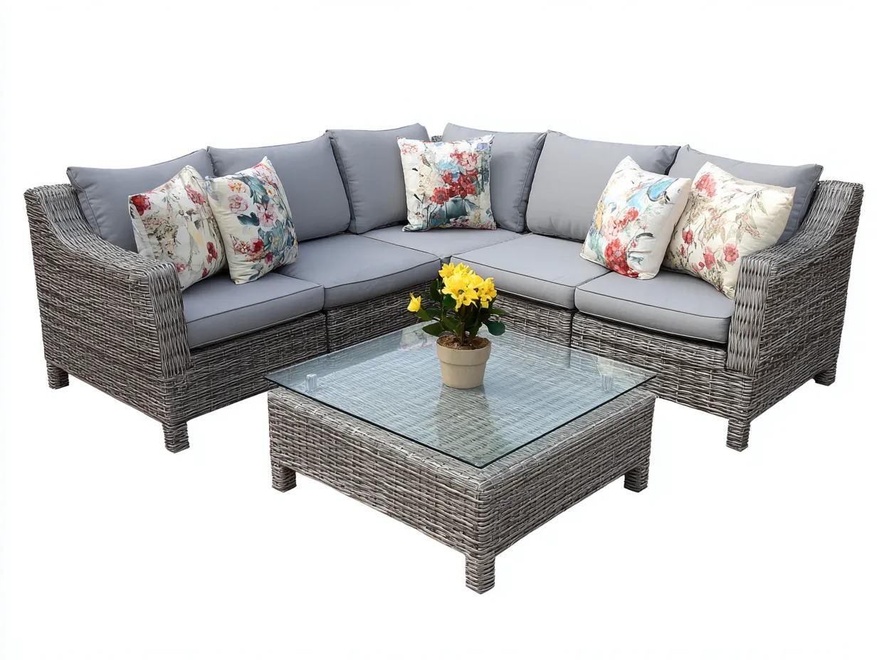 Gartensofa-Polyrattan-Aluminium-Glas-236 x 236 x 75 cm-Grau-Moderner Outdoor-Stil