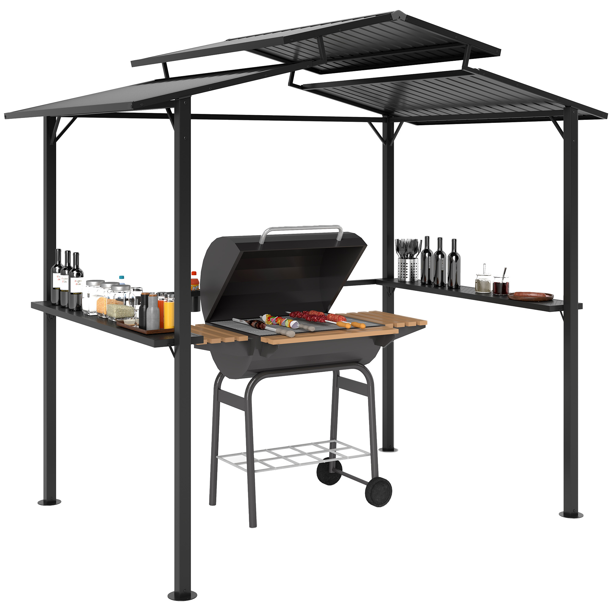 Grillpaviljoen 250 x 160 x 250 cm Waterdicht Tuinpaviljoen met Dubbellaagdak en Zijplanken, Zwart