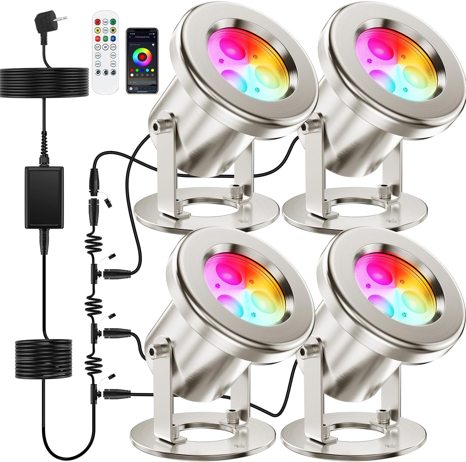 All-in-One Teichbeleuchtung LED Edelstahl SS316, RGB Erweiterbare Teichlampen Unterwasser mit 12M Kabel, Teichlicht IP68 für Teich, Wasserfall, Bach, Fischteich, Wasserspiel, 4er-Pack