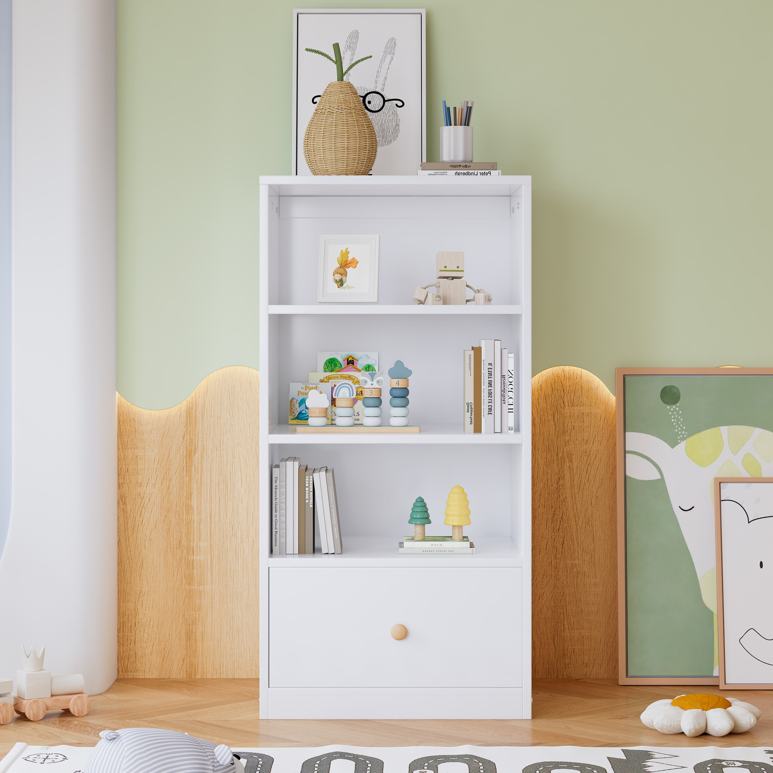 Bücherregal mit drei Einlegeböden und Schublade, geräuschlose Gleiter, MDF, 60×50×120 cm, Weiß
