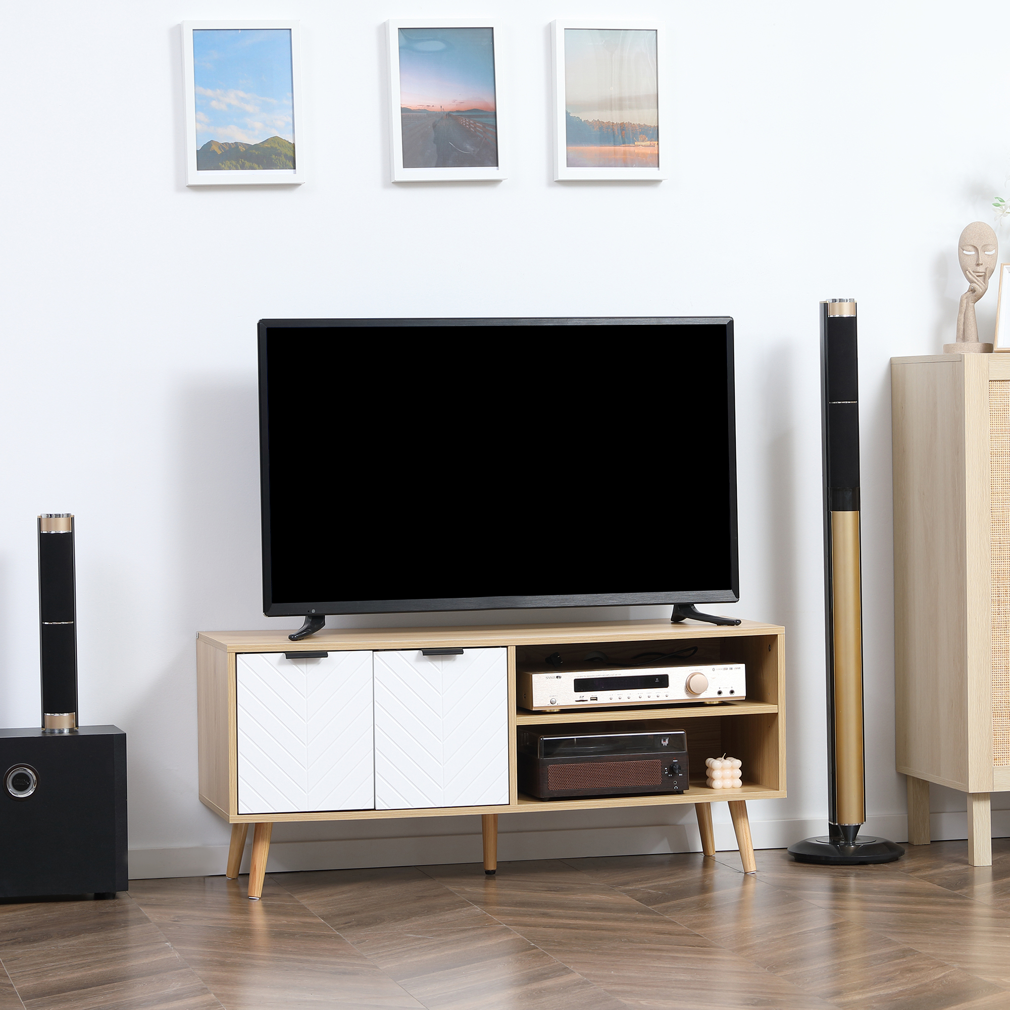 HOMCOM TV-Möbel für Fernseher bis zu 46 Zoll im skandinavischen Design mit 2 Türen 2 Fächern und Kabeldurchführungen 110 x 39 x 48,8 cm