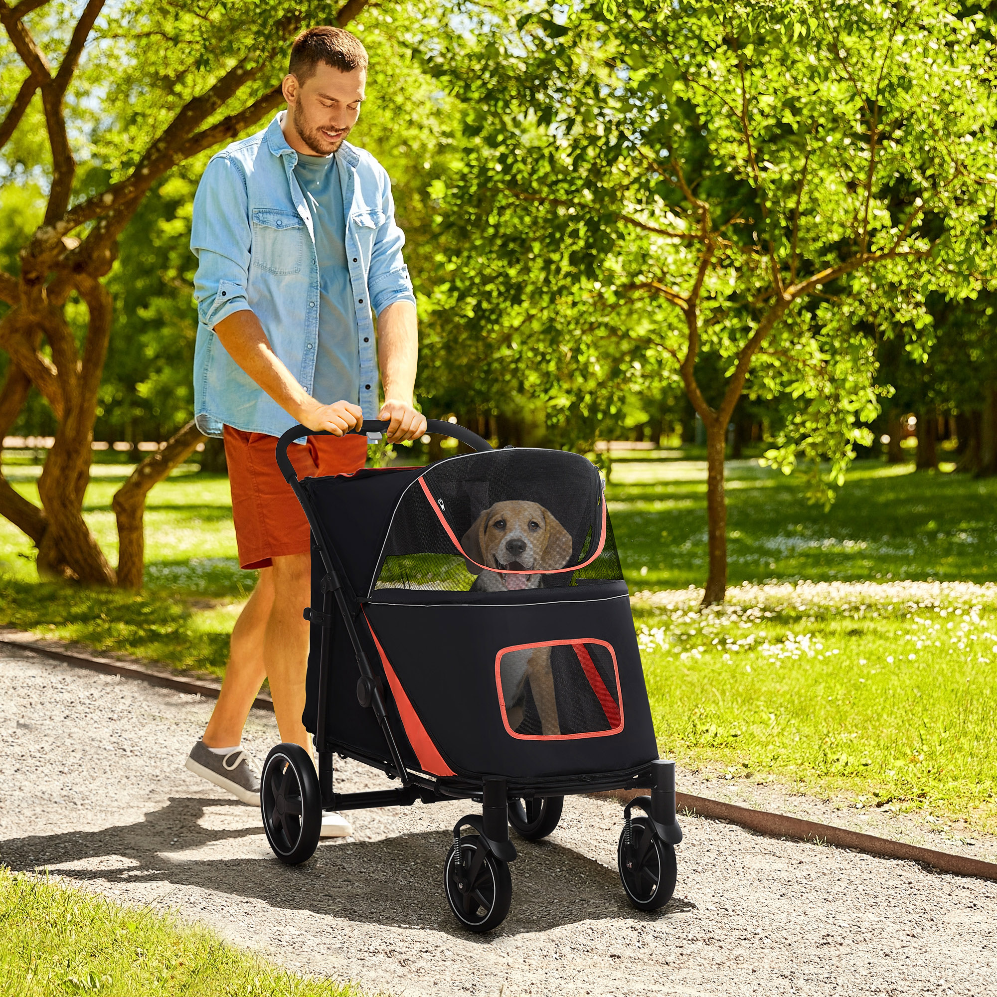 PawHut Hundewagen Klappbar mit Reißverschlüssen und Netzfenstern, 112x65x100 cm, Rot und Schwarz