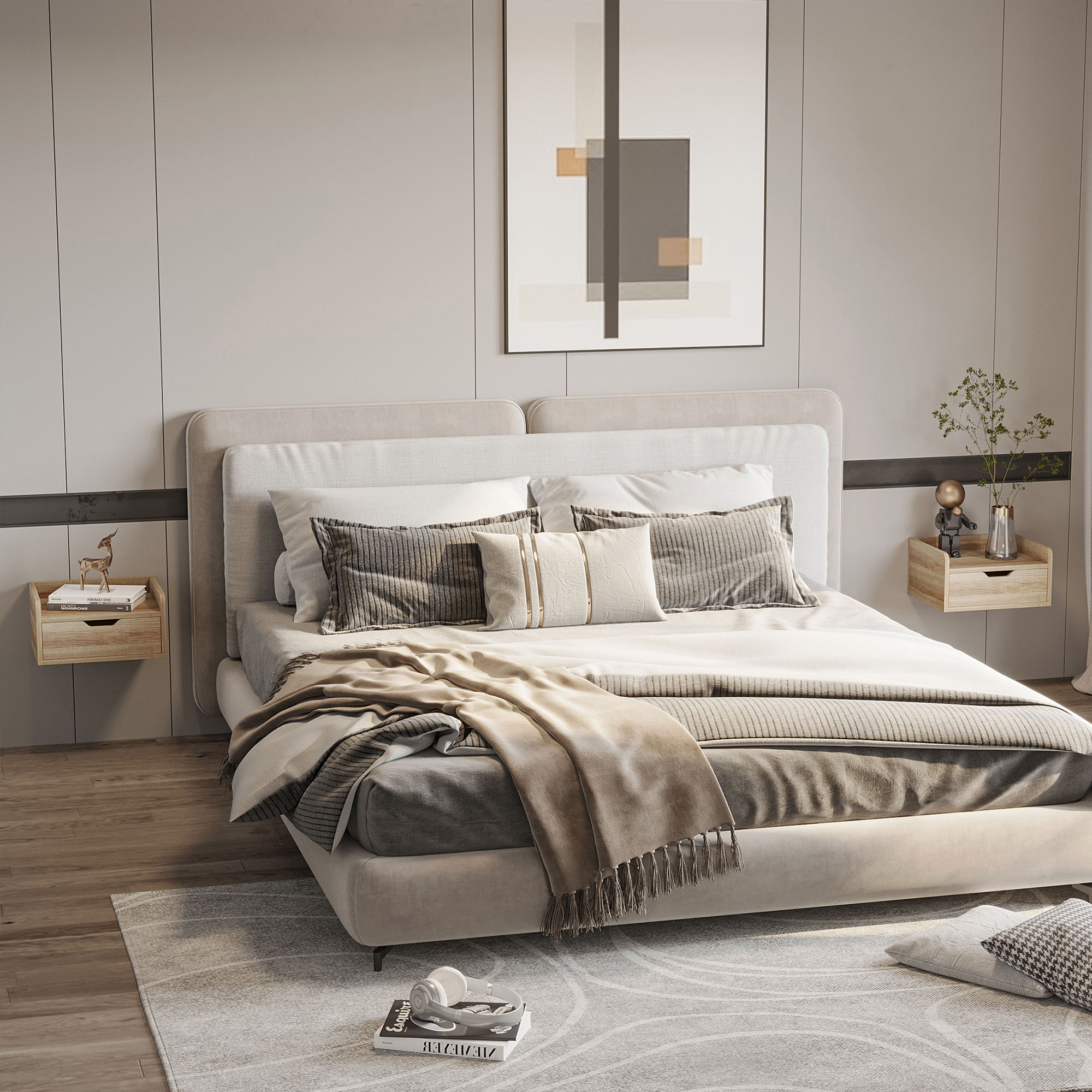 HOMCOM Set mit 2 wandmontierten Nachttischen Nachtschränke mit Schublade Tischplatte Holzoptik Maße 40B x 30T x 19,5H cm