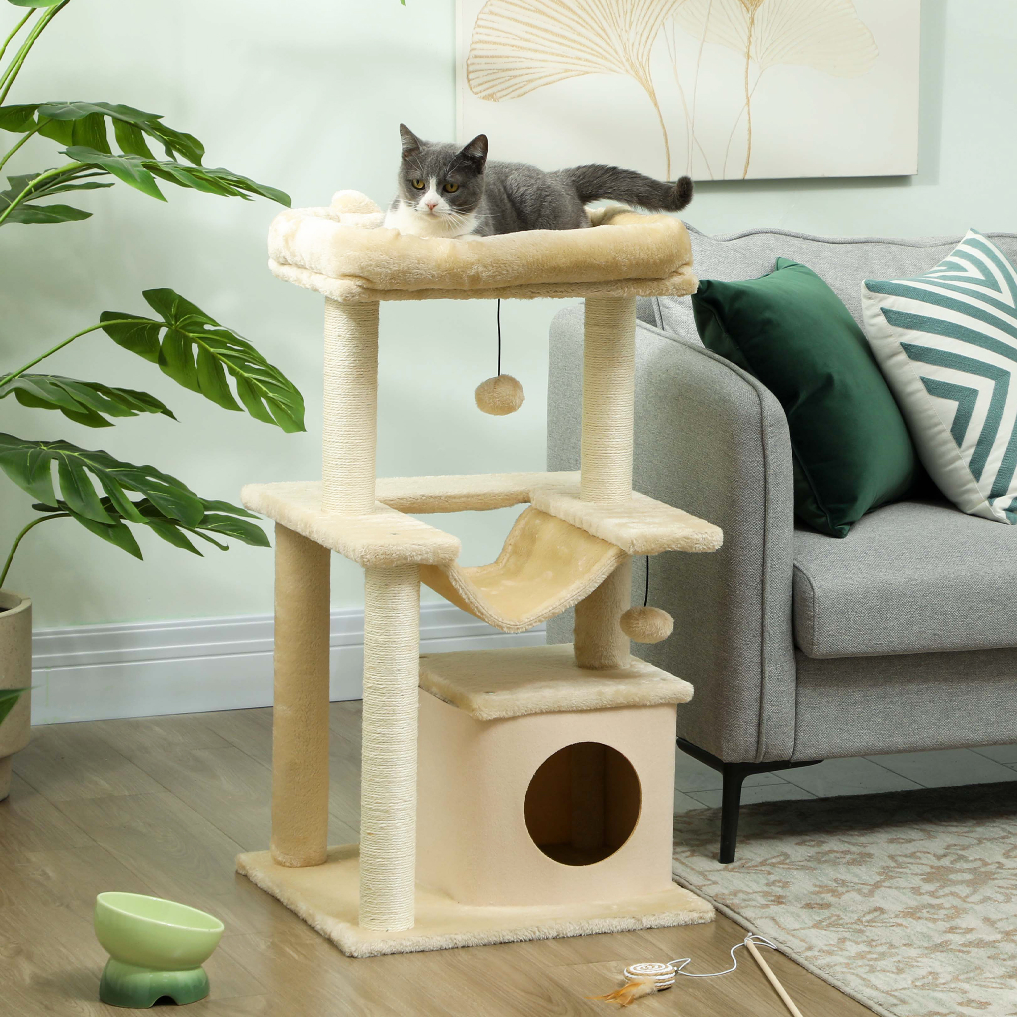 PawHut Katzenbaum, Kratzbaum mit Spielzeug, Sitzstange, Hängematte, 48 x 48 x 90 cm, Creme