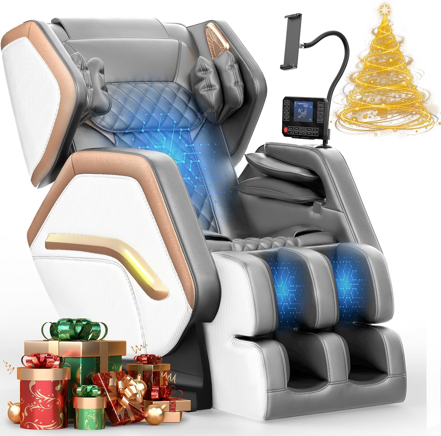 Massagesessel, Ganzkörper-Massagestuhl mit 14 Rollen, 8 Airbags Massage, Heizfunktion, Fußmassage, Bluetooth-Lautsprecher, Touch-Fernbedienung