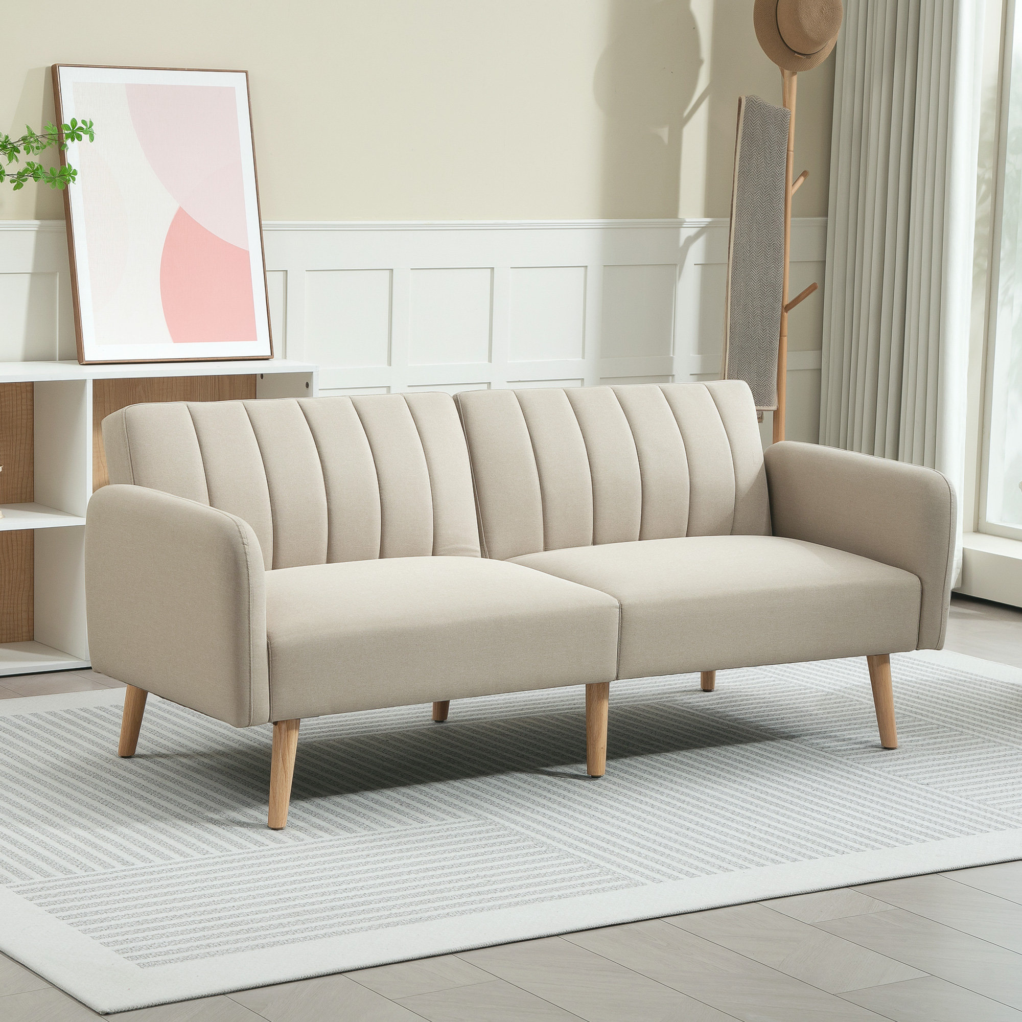 HOMCOM Schlafsofa 2-Sitzer skandinavisches Design, Verstellbare Rückenlehne in 3 Positionen, Holzbeine, Leinenstoff Beige
