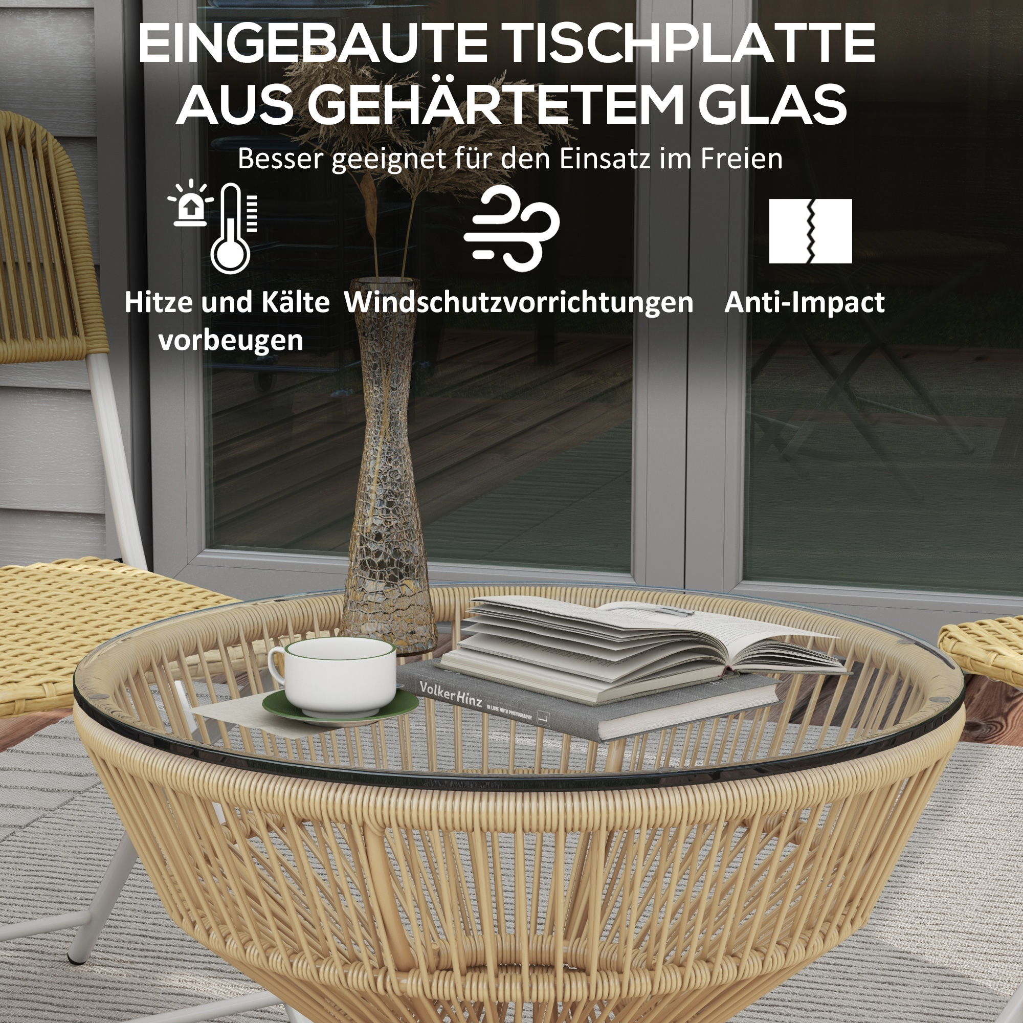 Outsunny Buitentafel Bijzettafel Tuinmeubel Rattan Bijzettafel, Glazen Blad, PE-Rattan, 60 cm x 60 cm x 50 cm, Natuurlijk