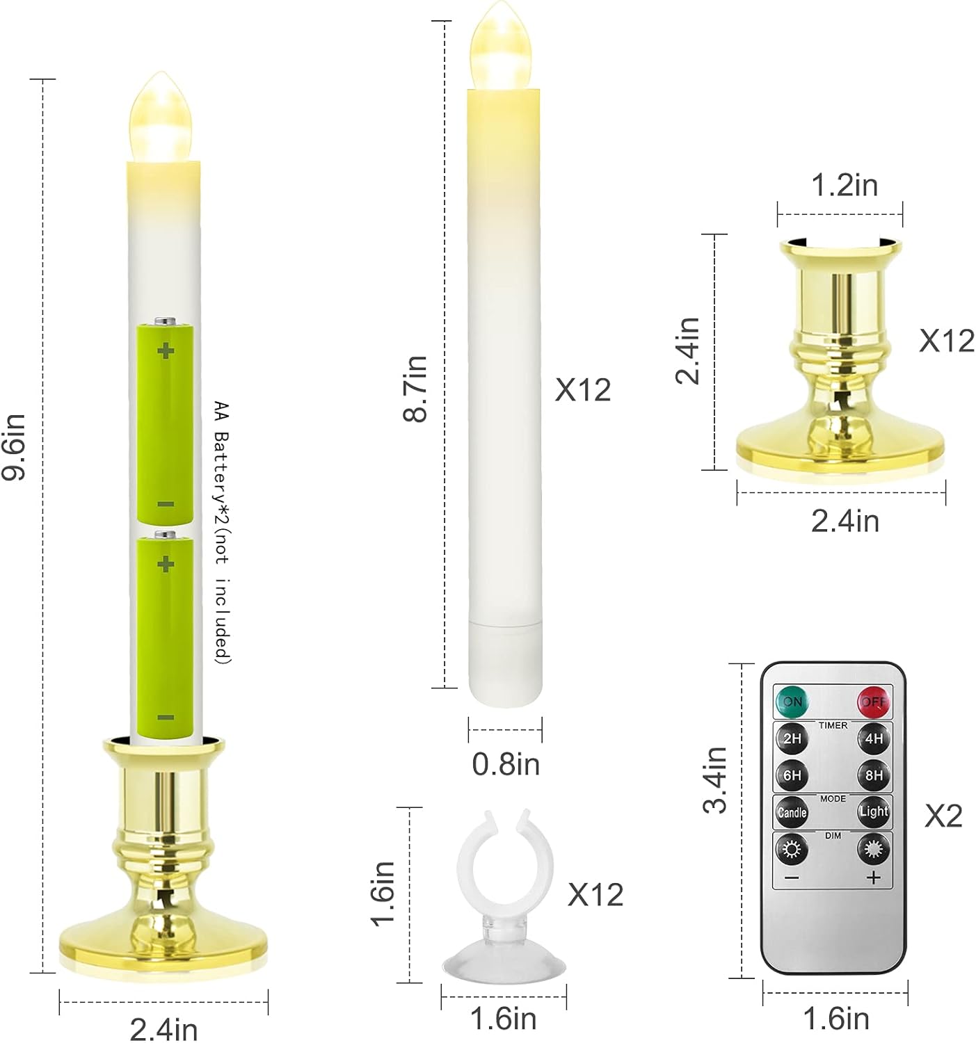 Fensterkerzen, batteriebetriebene Kerzen mit Timer, flammenlose Kerzen, batteriebetriebene Kerzen mit 2 Fernbedienungen, Weihnachtsfensterlichter, goldene flackernde Kerzen für