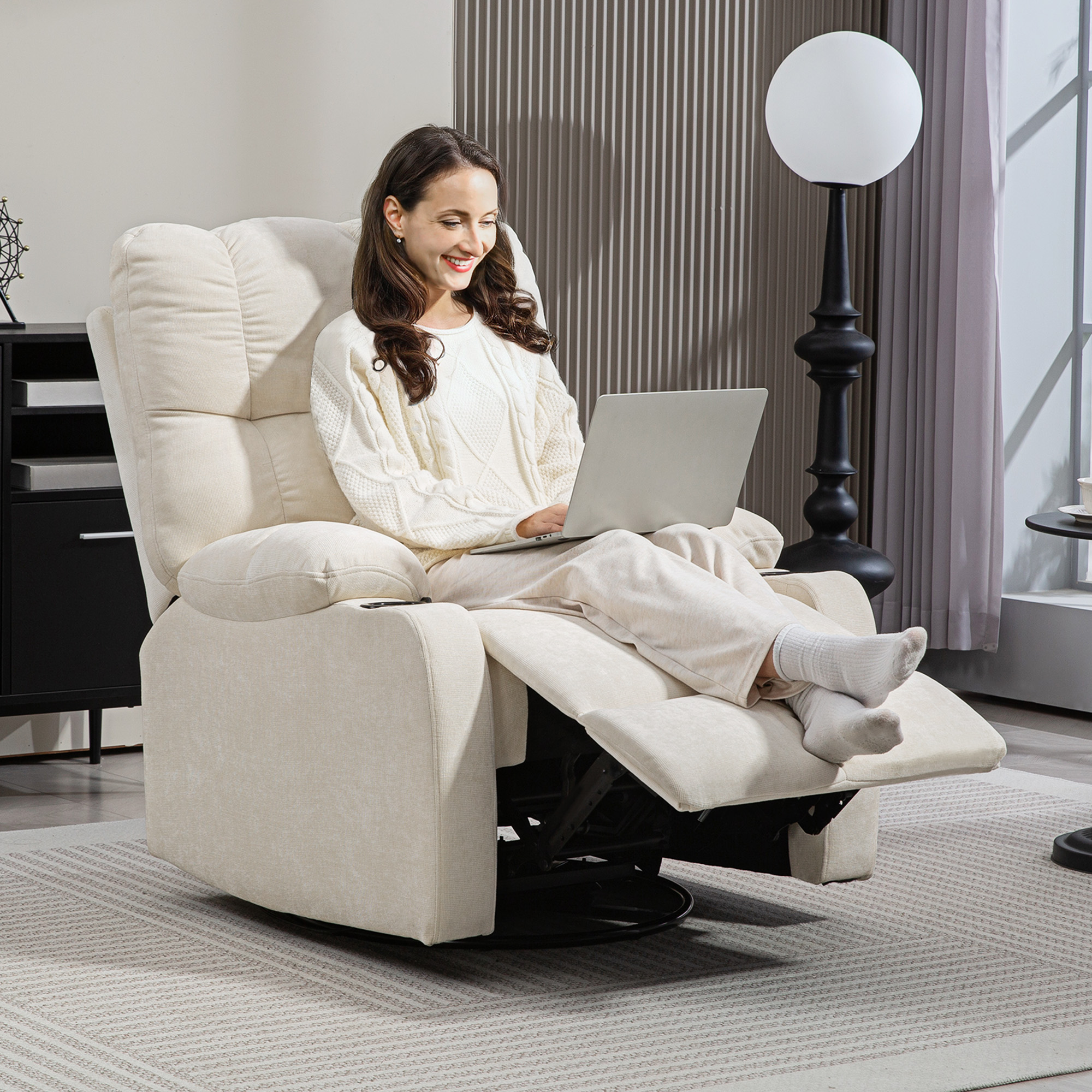 HOMCOM Relaxstoel met Voetensteun, Ligstoel, Draaibaar tot 150 kg, Stalen Frame, 88x96x108cm, Beige