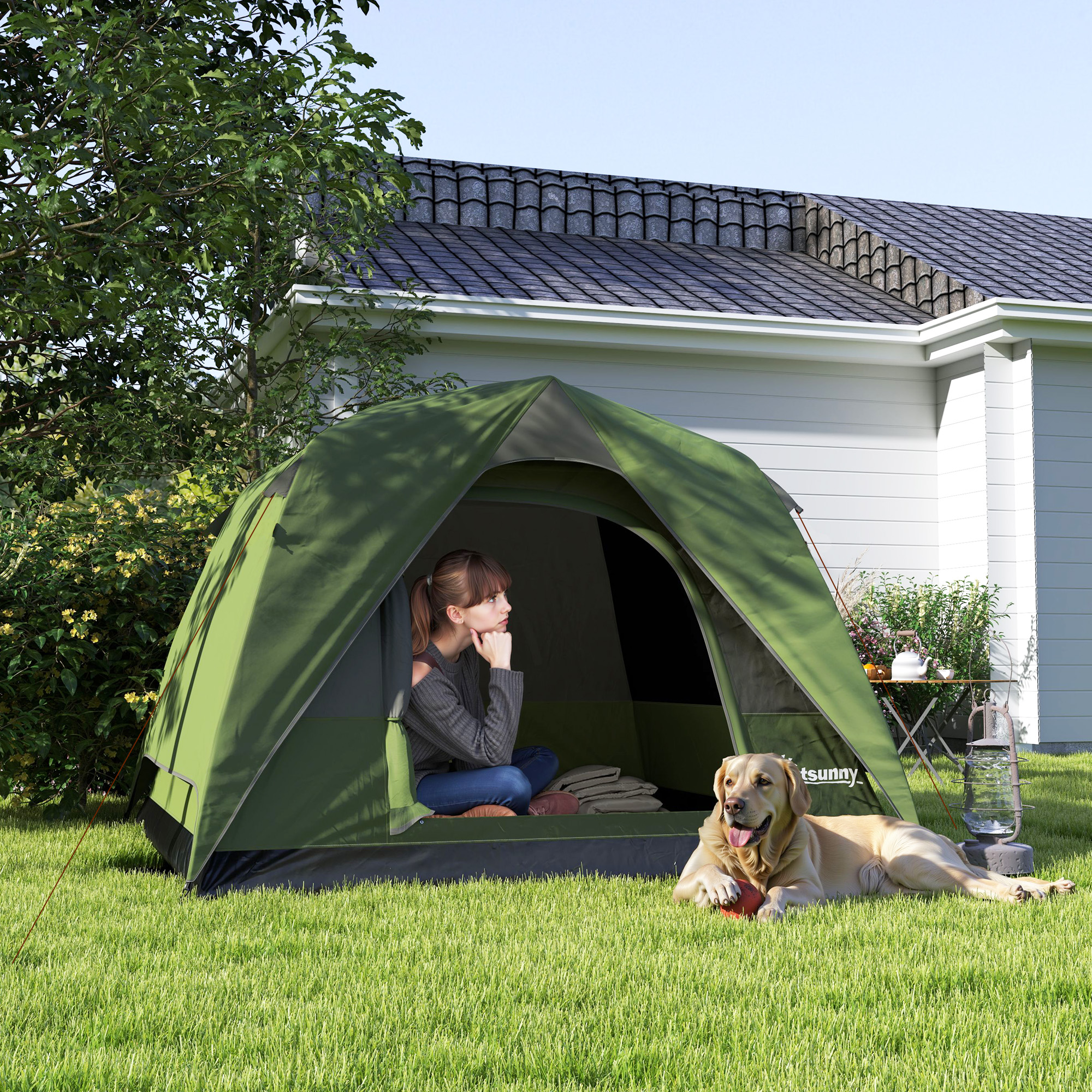 Outsunny Campingzelt 2-4 Personen, Familien-Domzelt wasserdicht, mit Fenstern, Tasche, Tragetasche Olivgrün