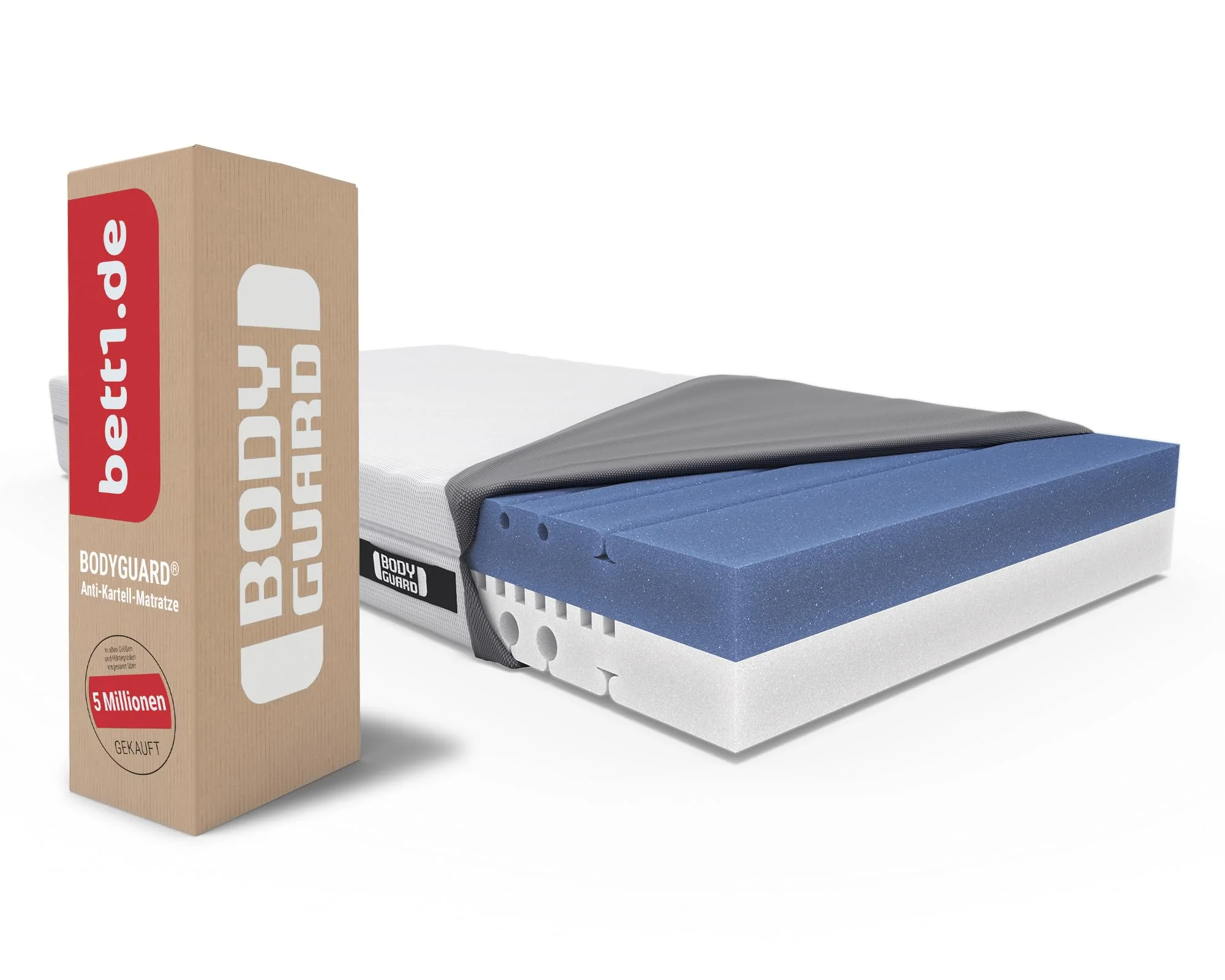 bett1 BODYGUARD Anti-Kartell-Matratze aus QXSchaum mit waschbarem Bezug