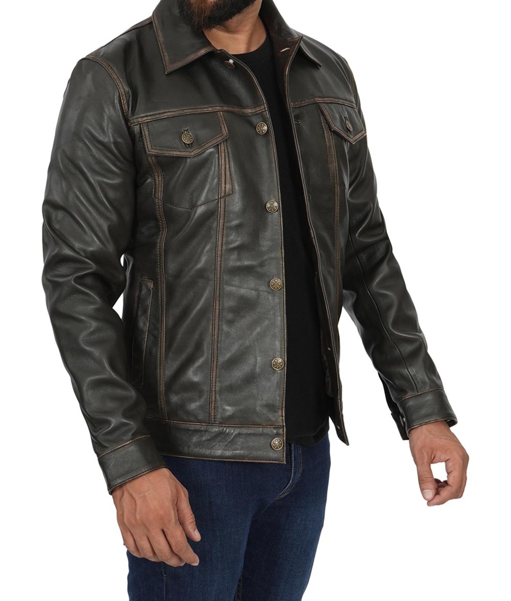 Mens Dark Brown Leather Trucker Jacket