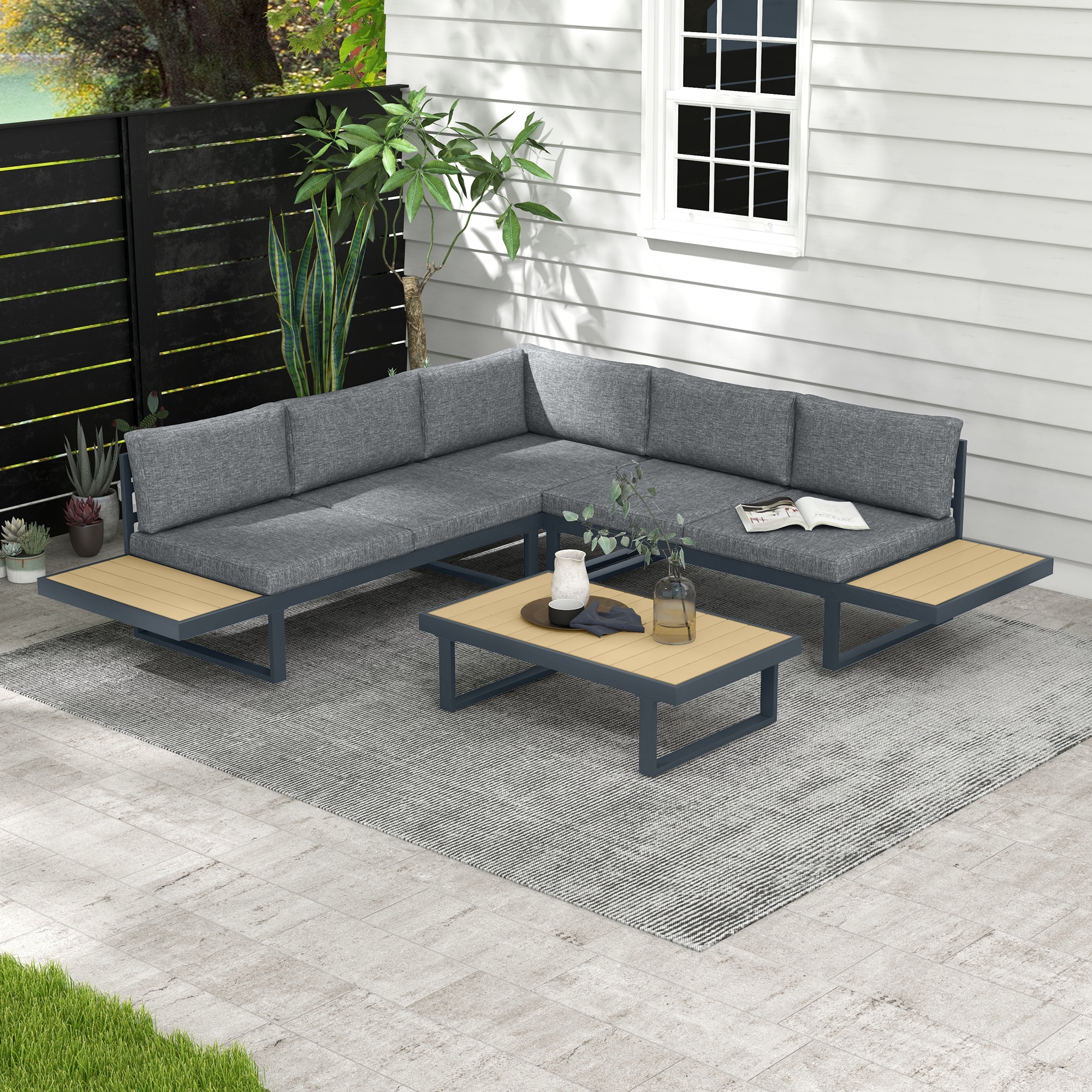Outsunny Design Ecksofa-Set 5 Plätze Kissen Couchtisch Aluminium Anthrazitgrau Holzoptik