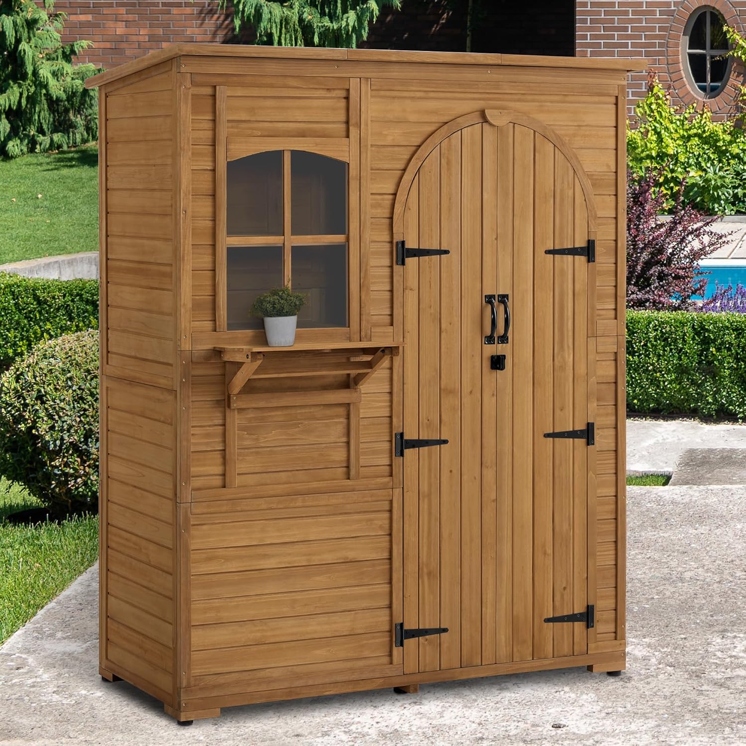 M MCombo Gartenschrank Geräteschuppen Holz Wetterfest, Gartenhaus Outdoor Wasserdicht Begehbar für Außenbereich Balkon Terrasse, Aufbewahrungsschrank mit 3 Regale 73×144×185 cm (Natur)