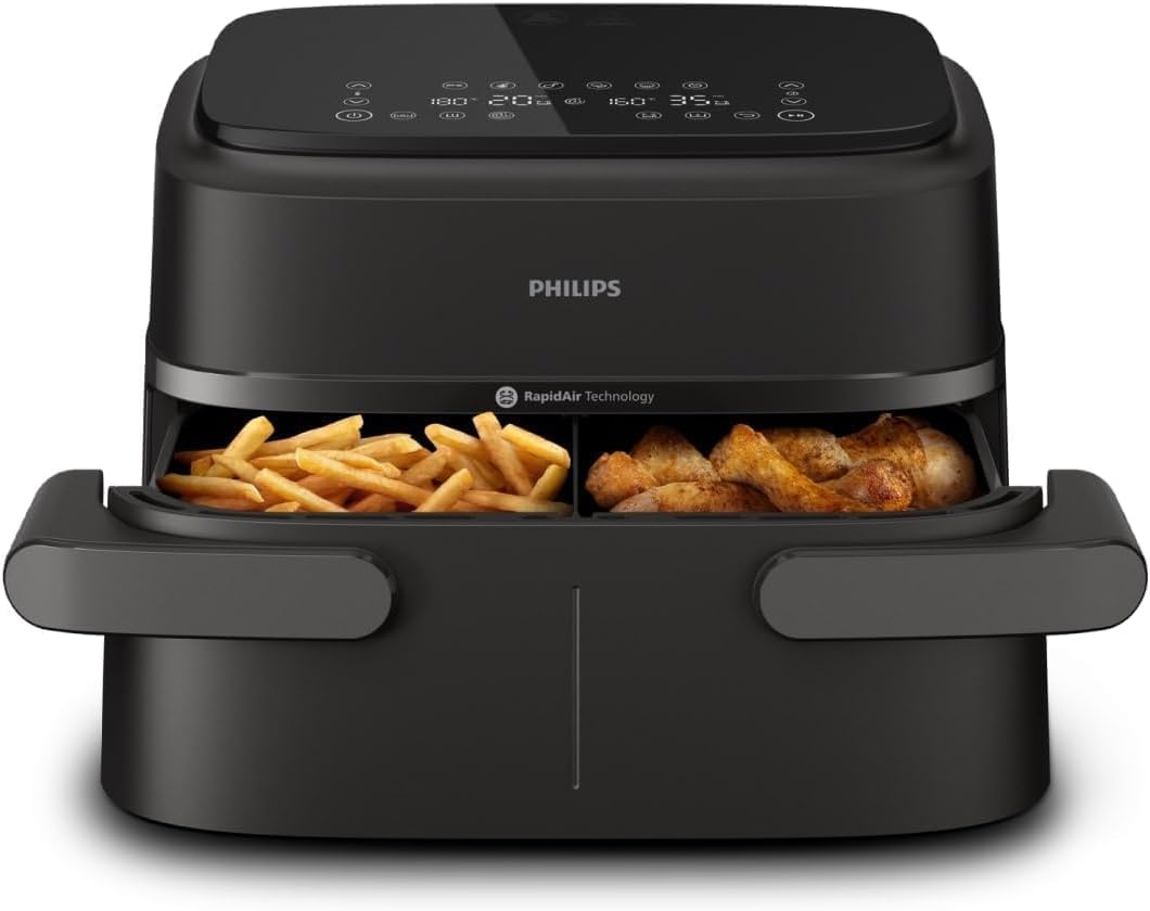 Philips Steam Airfryer 5000 Series Dual Basket Heißluftfritteuse mit Dampfgar-Funktion & 2 Körben – Steam, Airfry, SteamFry, 9L (3L+6L), RapidAir Plus, automatische Dampfreinigung (NA550/00)