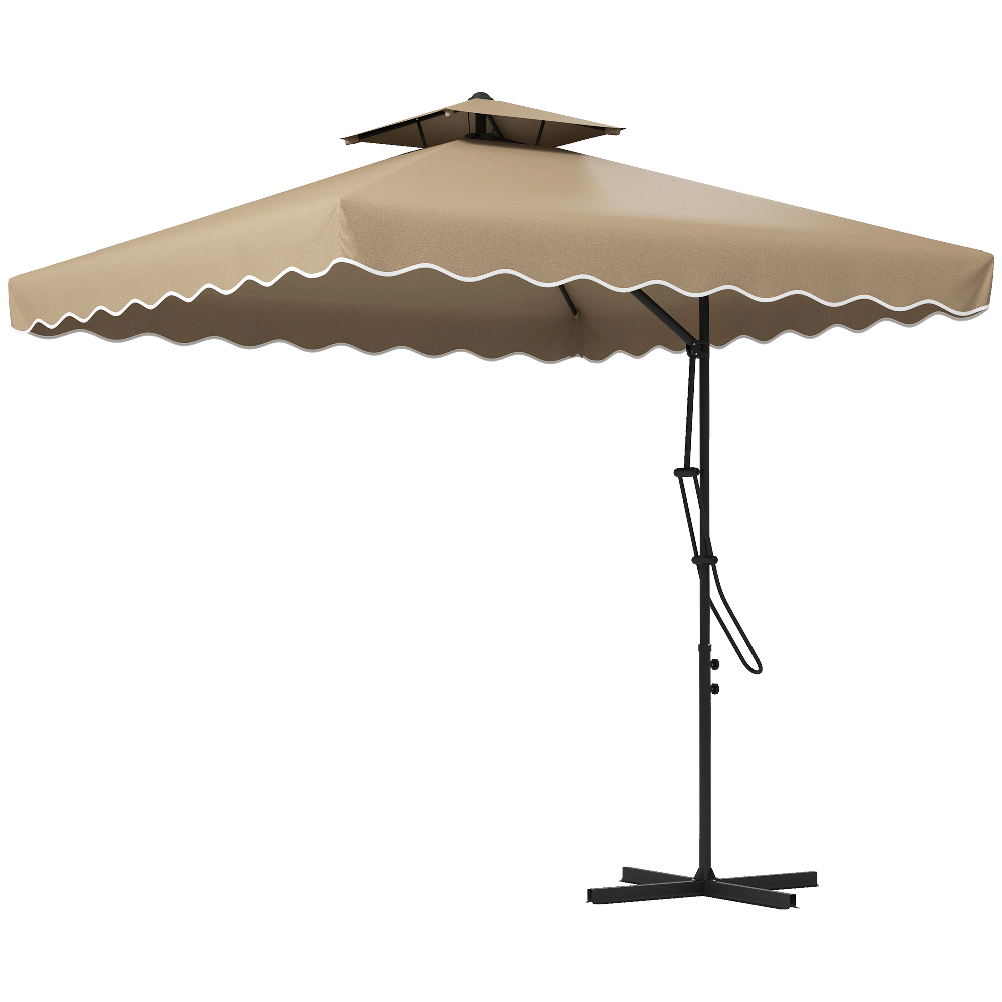 Outsunny Versetzter Sonnenschirm Garten quadratisch mit Kreuzfuß, Hebelgriff, Lambrequin, Doppeldach, 243L x 243B x 265H cm, Khaki