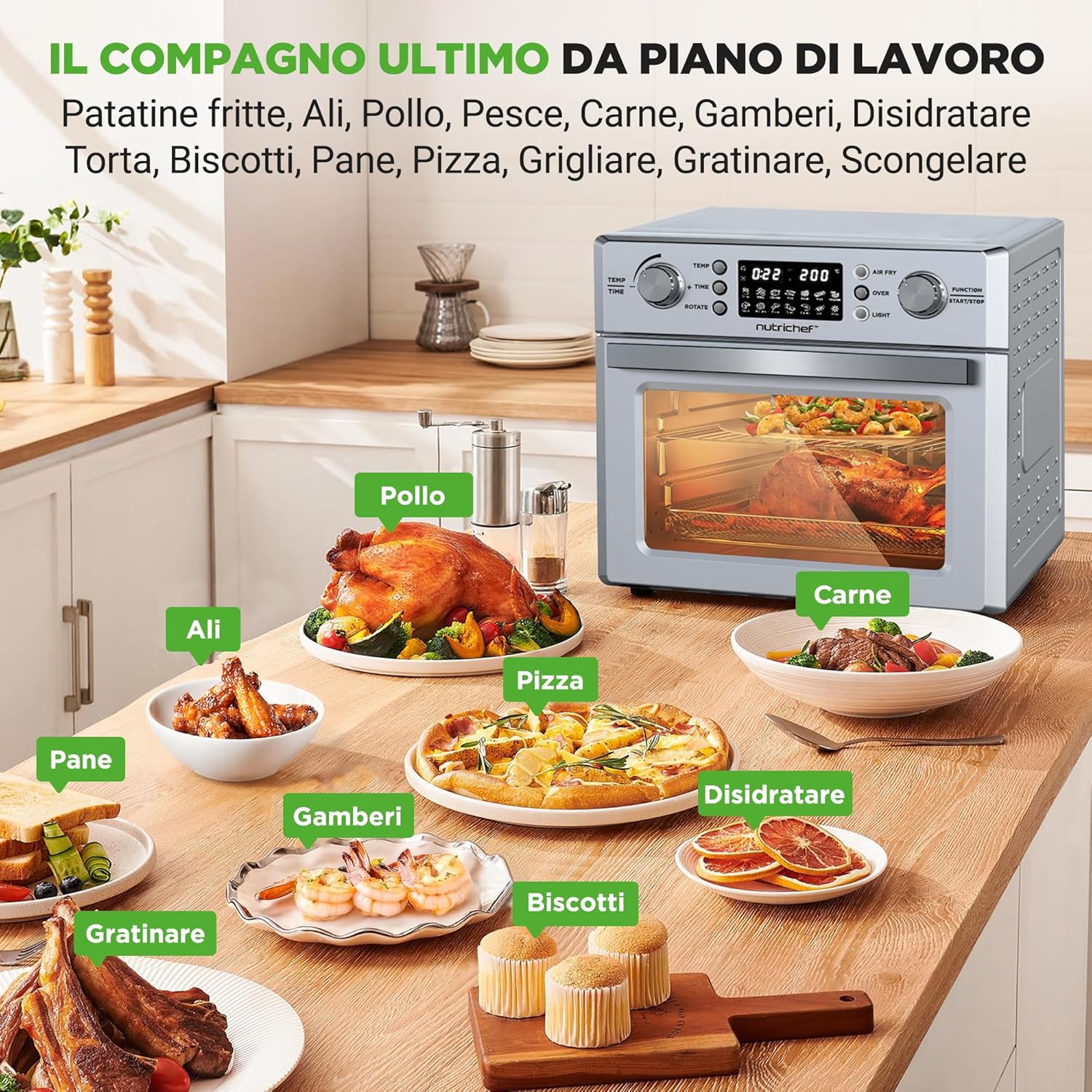 NutriChef Friggitrice ad Aria Forno 26 Litri 1700 Watt con Girarrosto 360°, 10 Programmi, Vassoio, Cestello e Griglia 38x41x36 cm, Argento