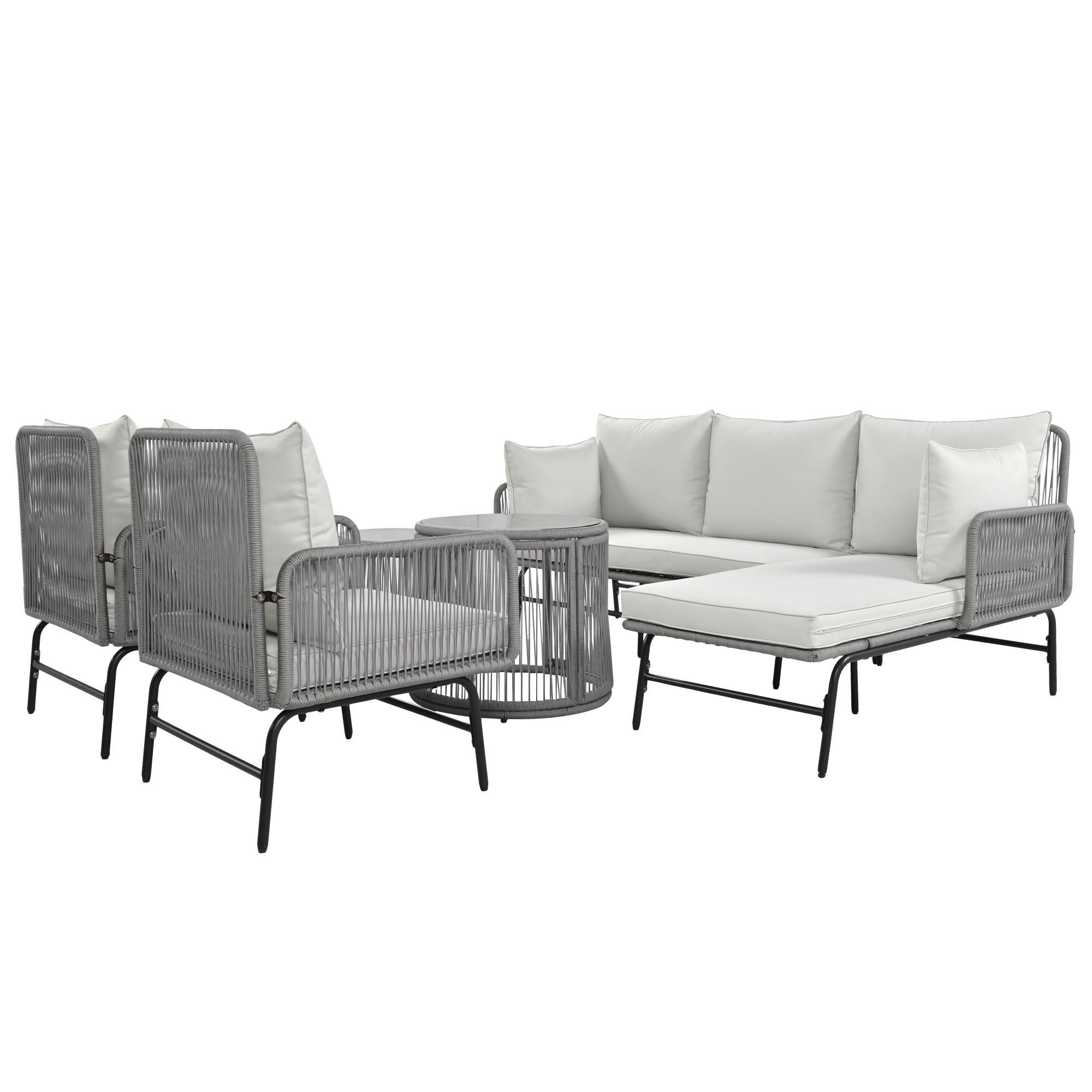 Loungemöbel 63x60x79, Gartenlounge-Set mit Handgezogenem Seil und Eisenrahmen, 2 Sessel, 2 2-Sitzer, 2 Tische, Grau