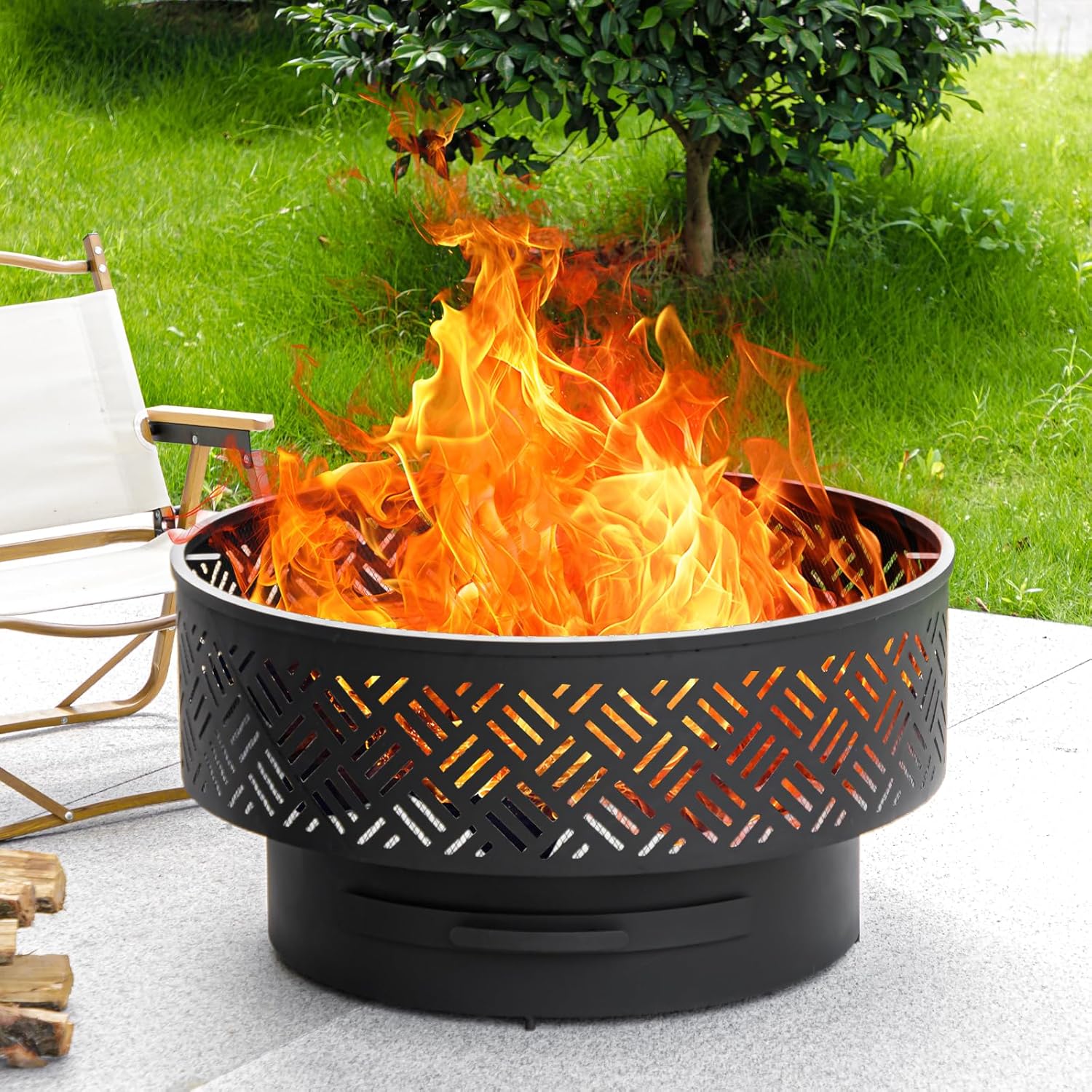 OutVue 26" Wood Burning Fire Pits with Grill & Lid, Fire Pit Table for Outside with Waterproof Cover & Fire Poker, Outdoor Firepit with Functions for BBQ,Table and Bonfire