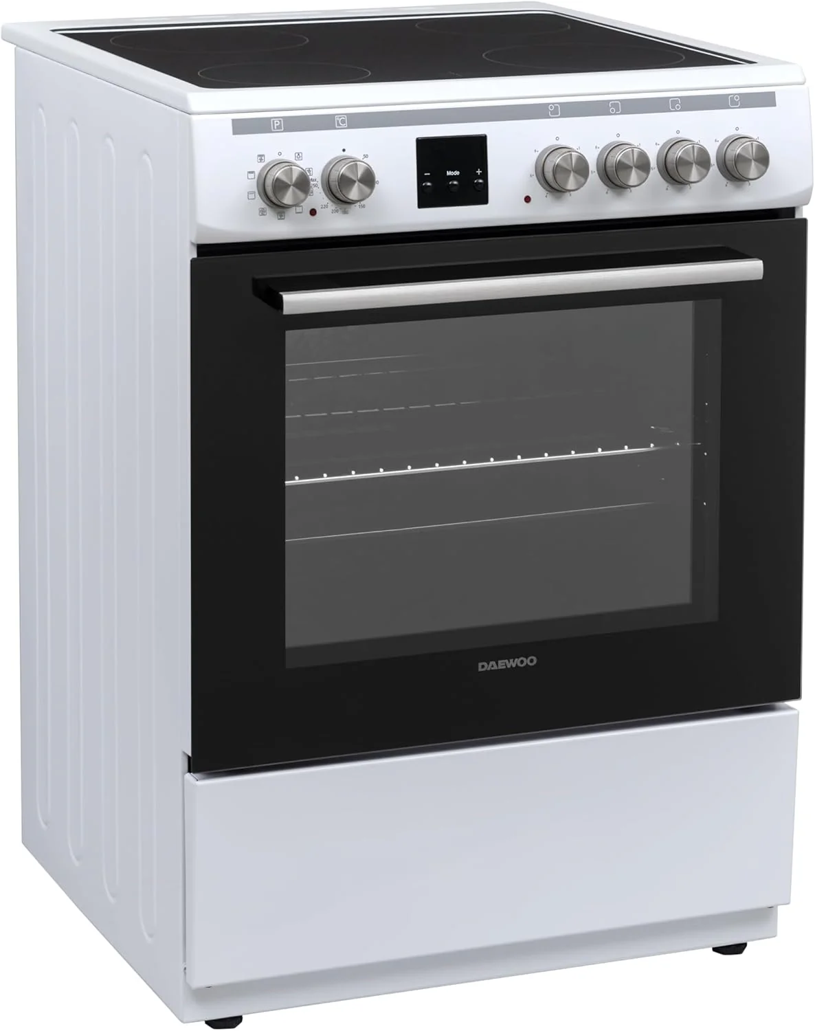Daewoo F6EV22WL3DE Vrijstaand fornuis met glaskeramische kookplaat, A, Ovenvolume: 65 L, 8 verwarmingsfuncties met boven-/onderwarmte, Gemakkelijk te reinigen emaille, 4 kookzones, Wit