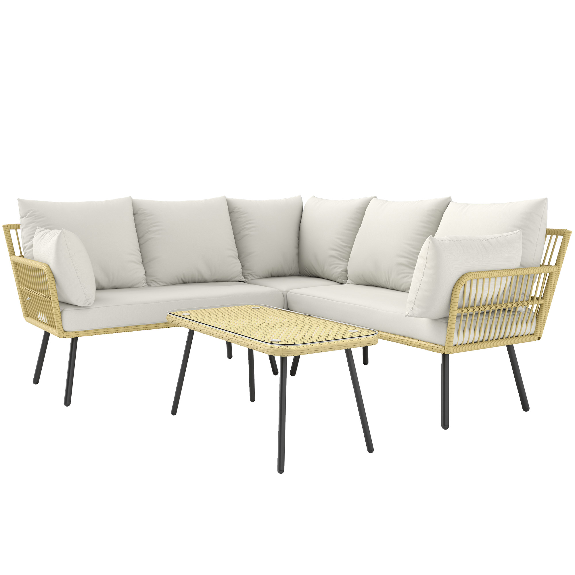 Outsunny Komplette Eckgartenlounge 5-Sitzer aus Poly-Rattan mit Kissen und rechteckigem Glastisch