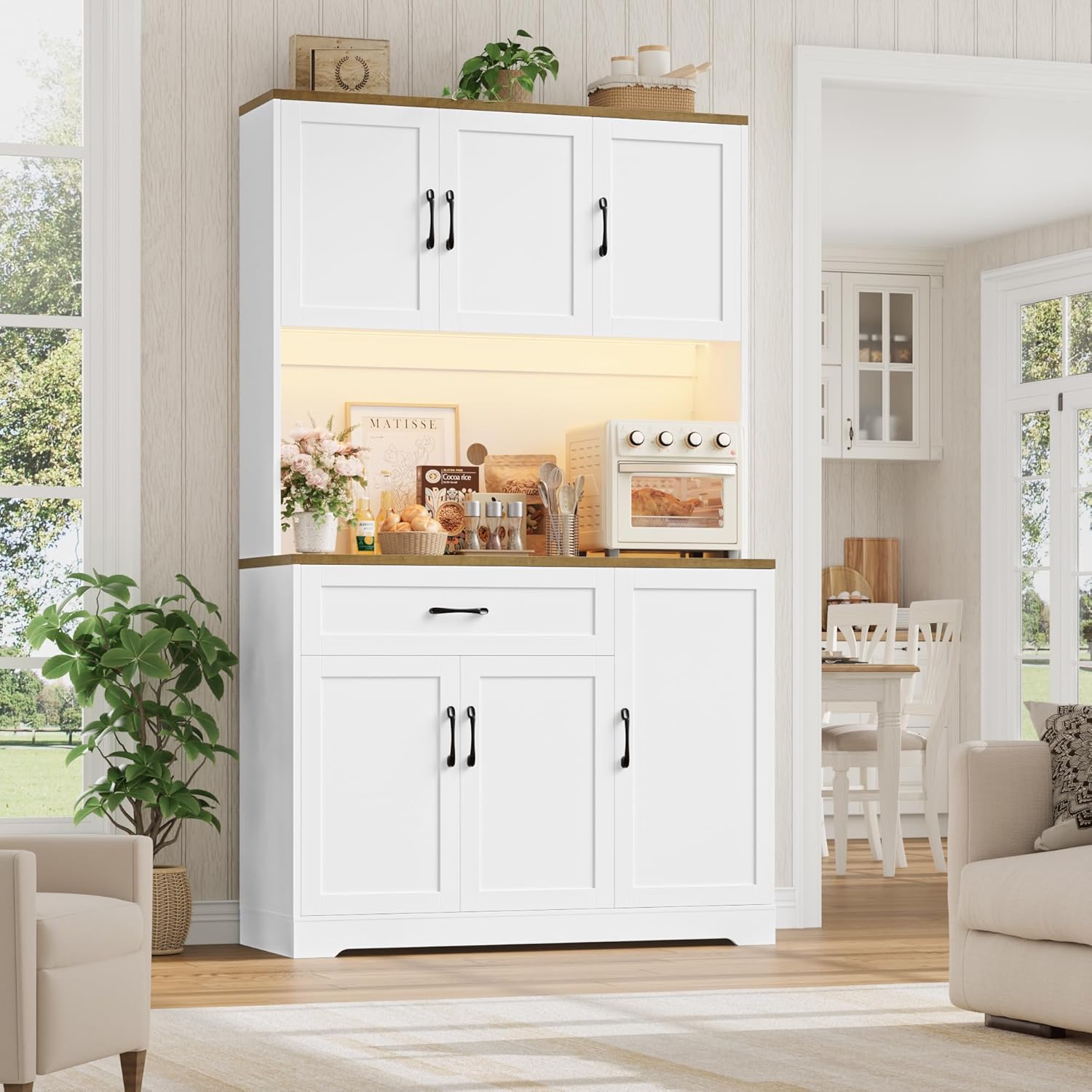 FirFurd 180cm Küchenschrank mit LED & Gewürzregal Buffetschrank Sideboard für Küche mit Steckdosenleiste Küchenschrank mit Arbeitsplatte Küchenbuffet Küchenmöbel 180x100x38cm weiß