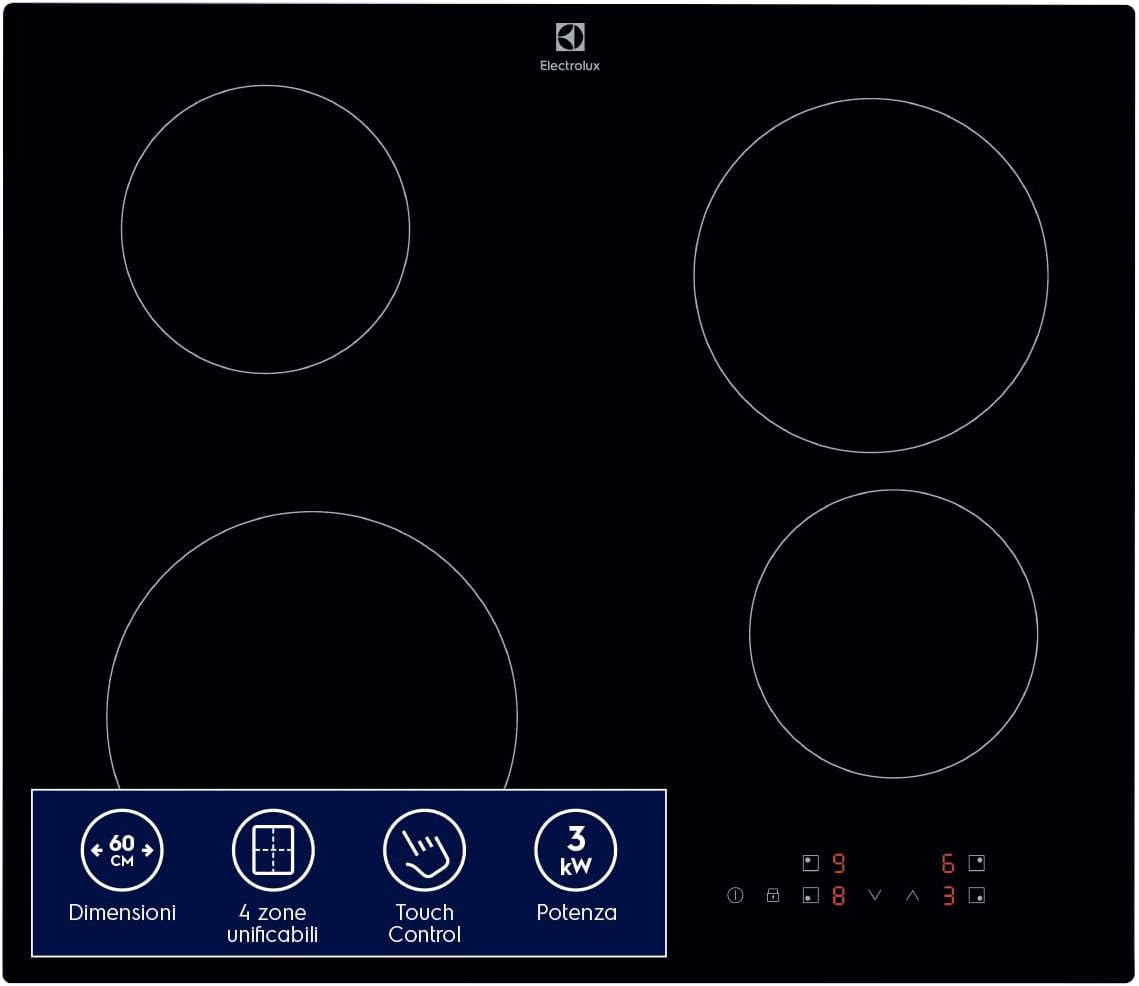 Electrolux Serie 300 Piano Cottura a Induzione da Incasso EIB60424CK, 4 Fuochi Rapidi, Comandi SliderTouch, Sicuro e Facile da Pulire, 60 cm, 590×520 mm, Nero, Design Moderno