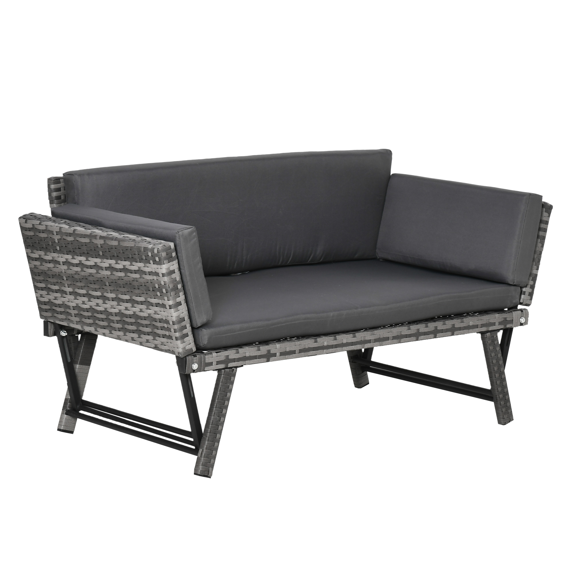 Outsunny Polyrattan Gartensofa 2 Sitzer Gartenmöbel Loungesofa Gartenbank Gartenliege klappbar Armlehnen Stahl Grau 129 x 63 x 67 cm